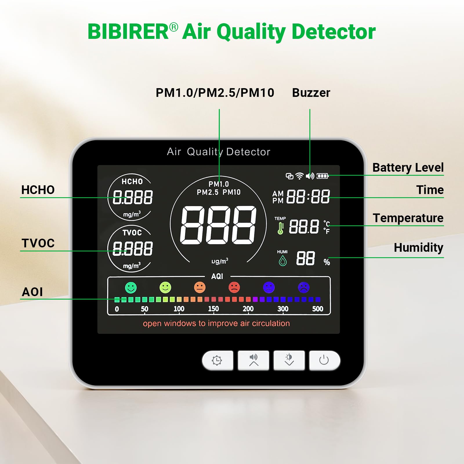 14 In 1 Air Quality Monitor Indoor With Beep Alarm, 6 Aqi Air Quality Detector With Pm1.0|Pm2.5|Pm10|Hcho|Tvoc|Aqi|Temperature|H