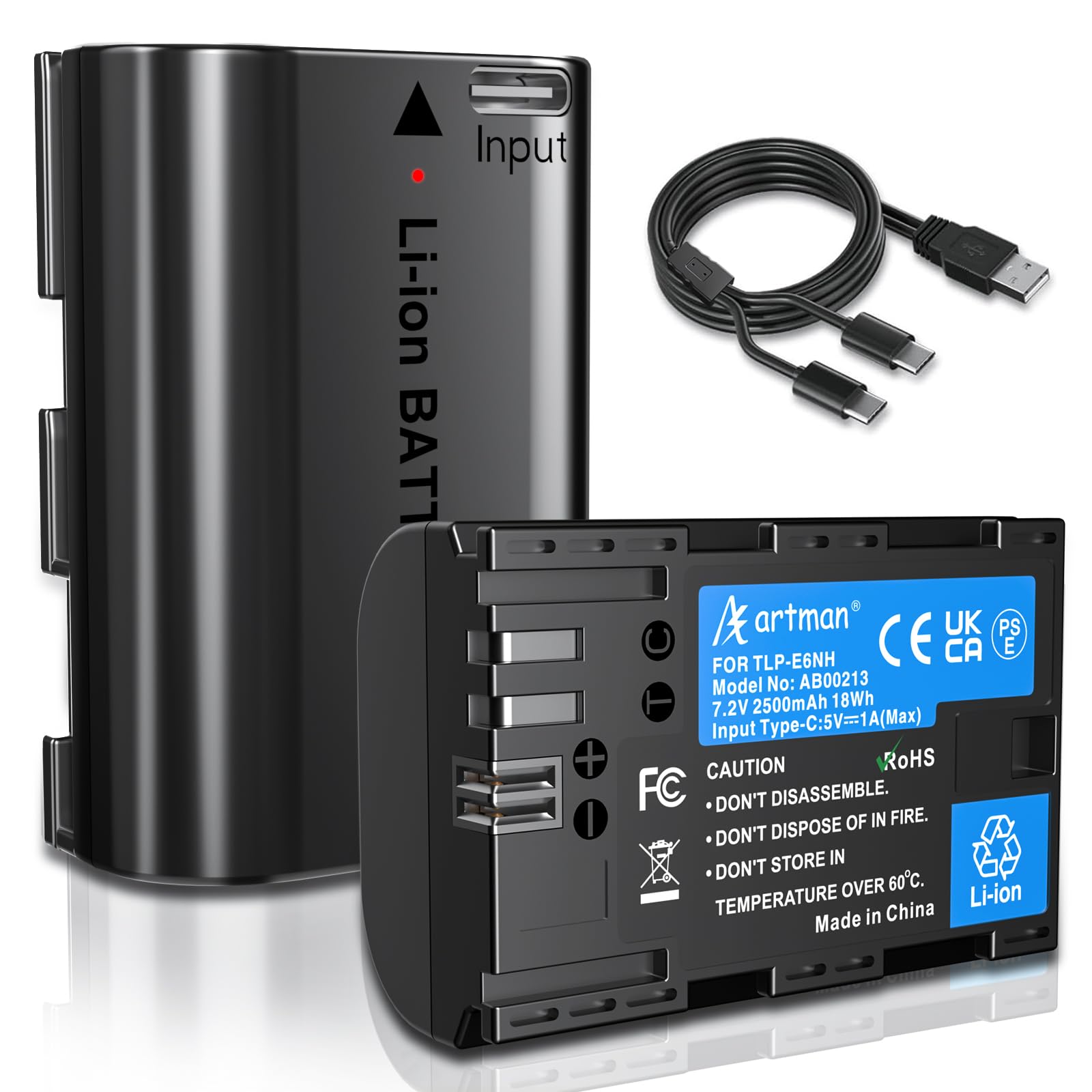 Artman 2 Pack Lp E6 Lp E6Nh Battery 2500Mah With Type C Two Ended Charging Cable For Canon Eos R, R6 Mark Ii, R5, R6, R7, 60D, 7