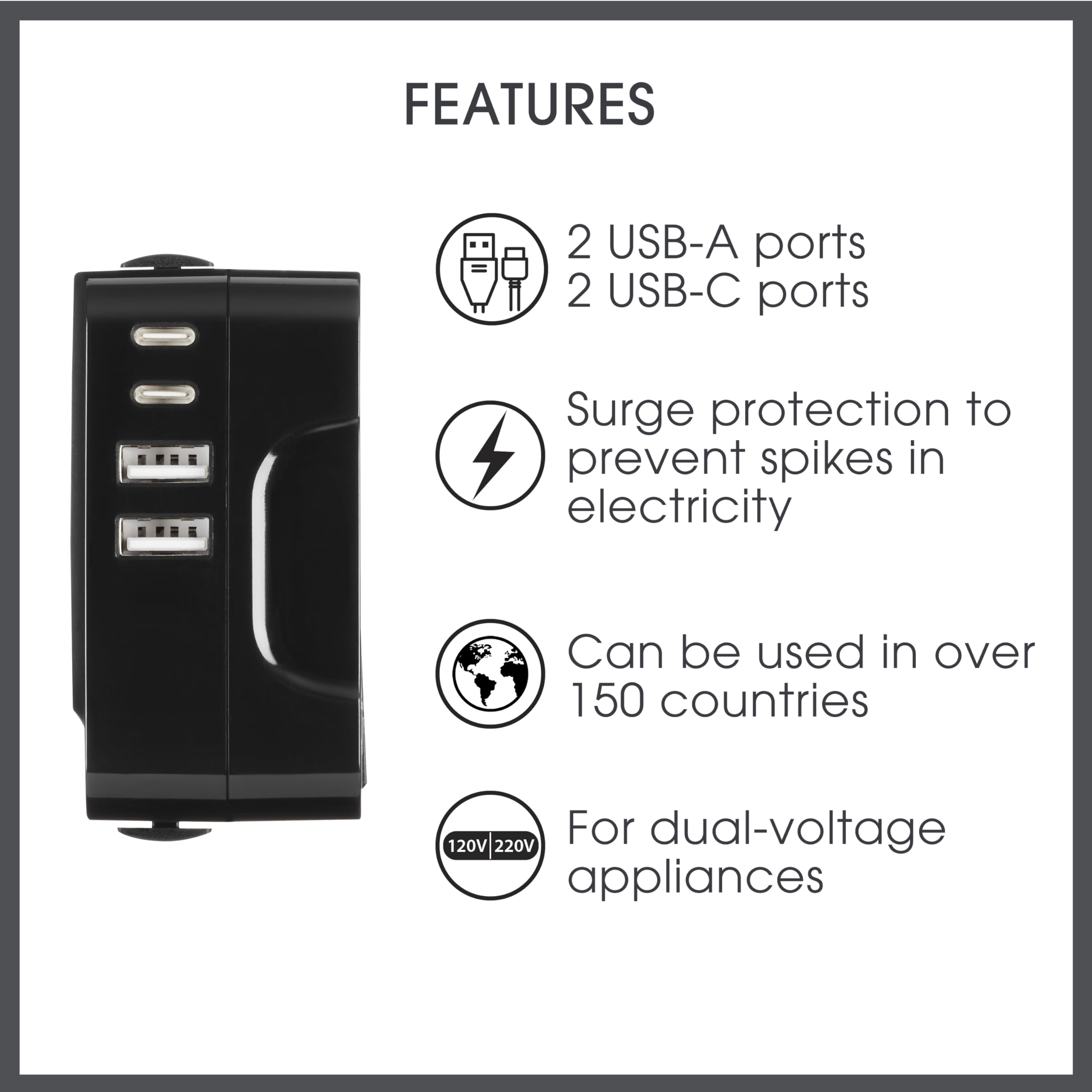 Conair Universal Travel Adapter   All In One European And Worldwide Travel Plug Adapter With Surge Protection   Includes Usb C P