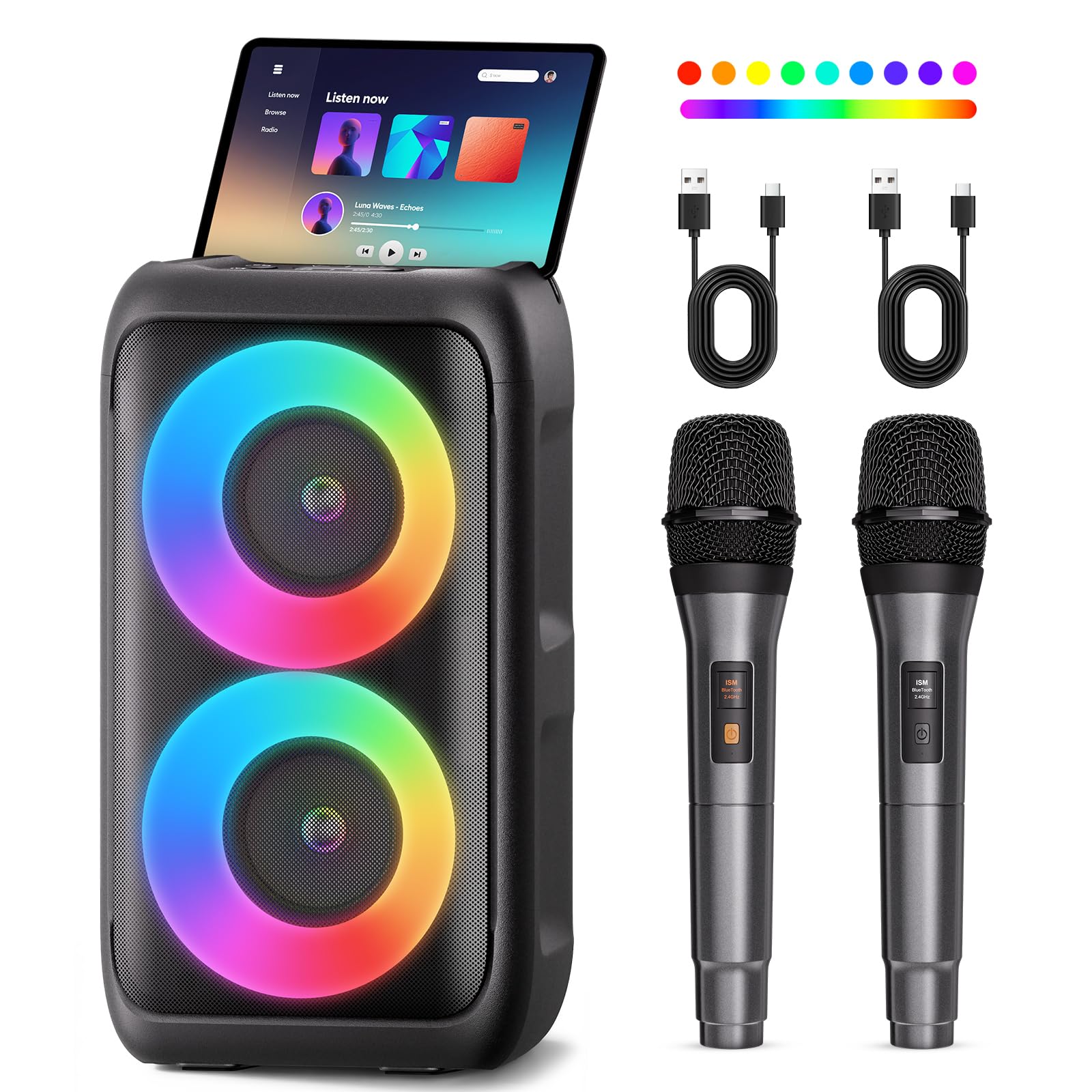 Bluetooth Speaker with 2 Wireless Microphones  Big Party Speaker for Adults Kids Karaoke with Lights  Portable Rechargeable Ho
