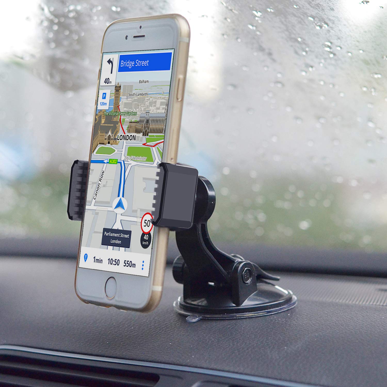 Apps2Car Suction Cup Phone Holder For Car With Adjustable Arm, Low Profile Dashboard Phone Mount Compact Windshield Window Dash Mobile Stand Compatible W/All Iphone And Android Cell Phones