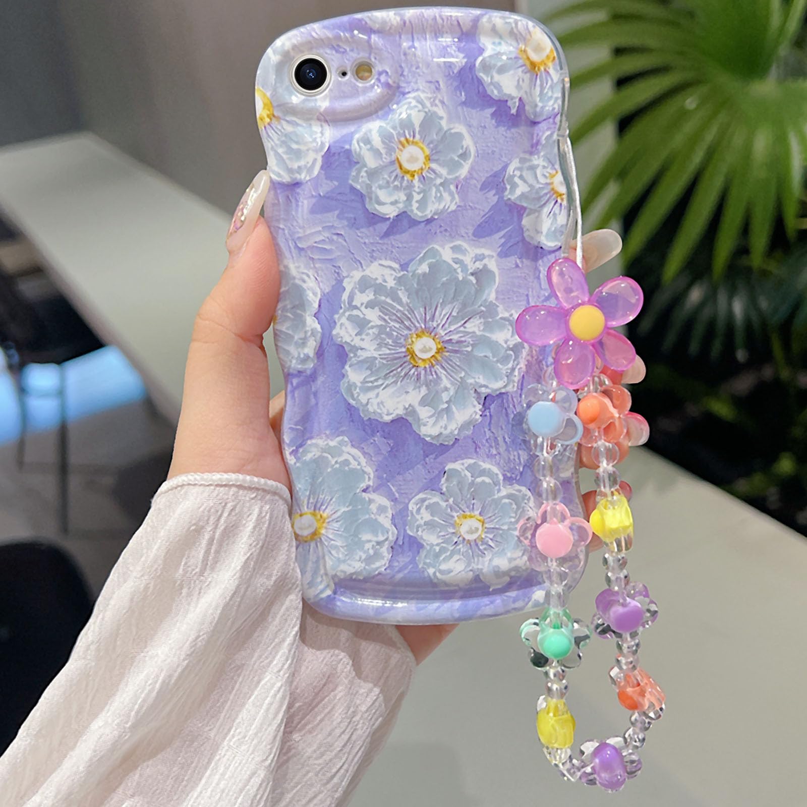 Fxlzcw for iPhone SE Case 2022/2020 iPhone 8/7 Curly Wavy Case, Cute Colorful Retro Oil Painting Flower Glossy Pattern [with Bea