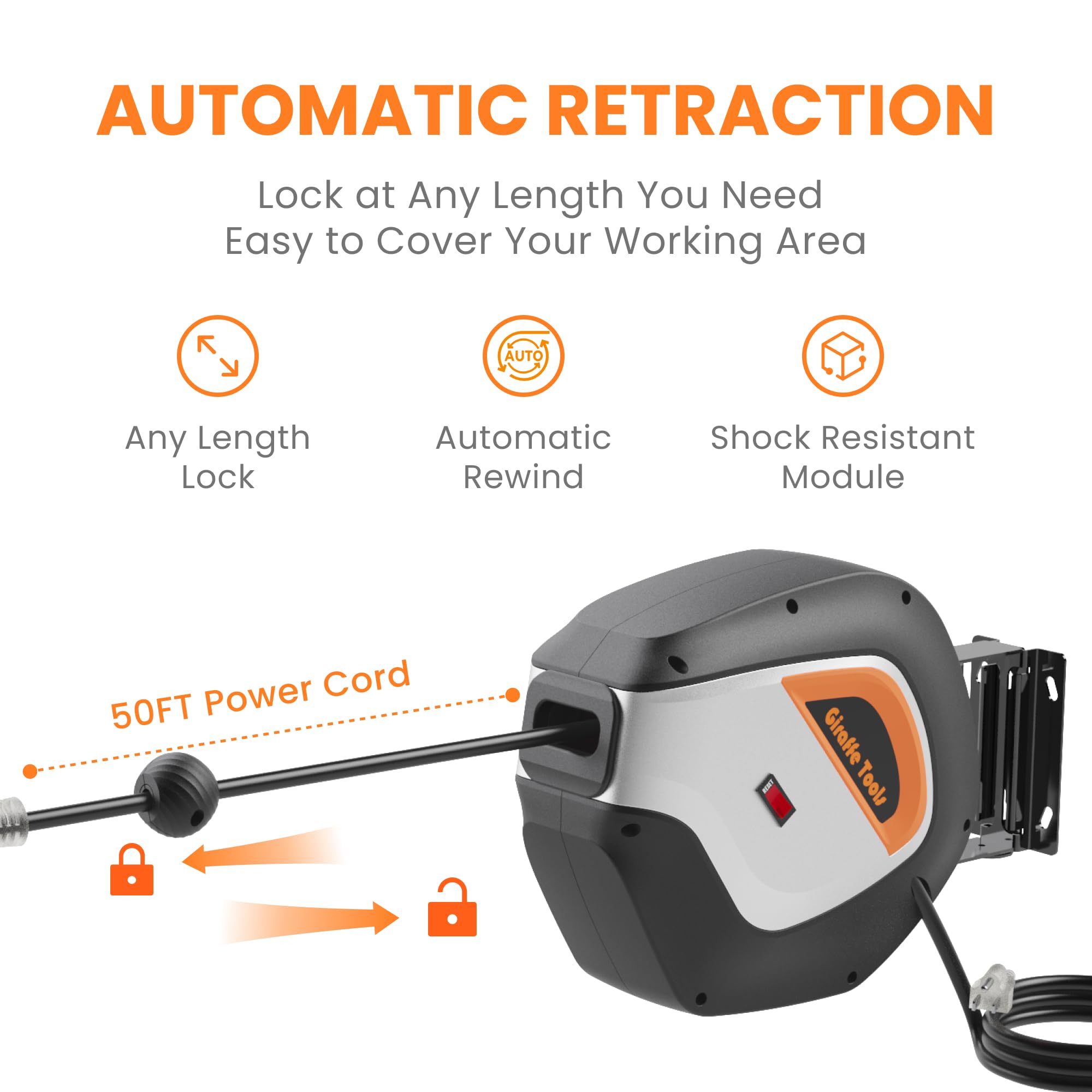 Giraffe Tools De14 Retractable Extension Cord Reel 50 Ft 14/3Awg Power Cord Storage Reel Wall/Ceiling Mount, Lighted Triple Tap