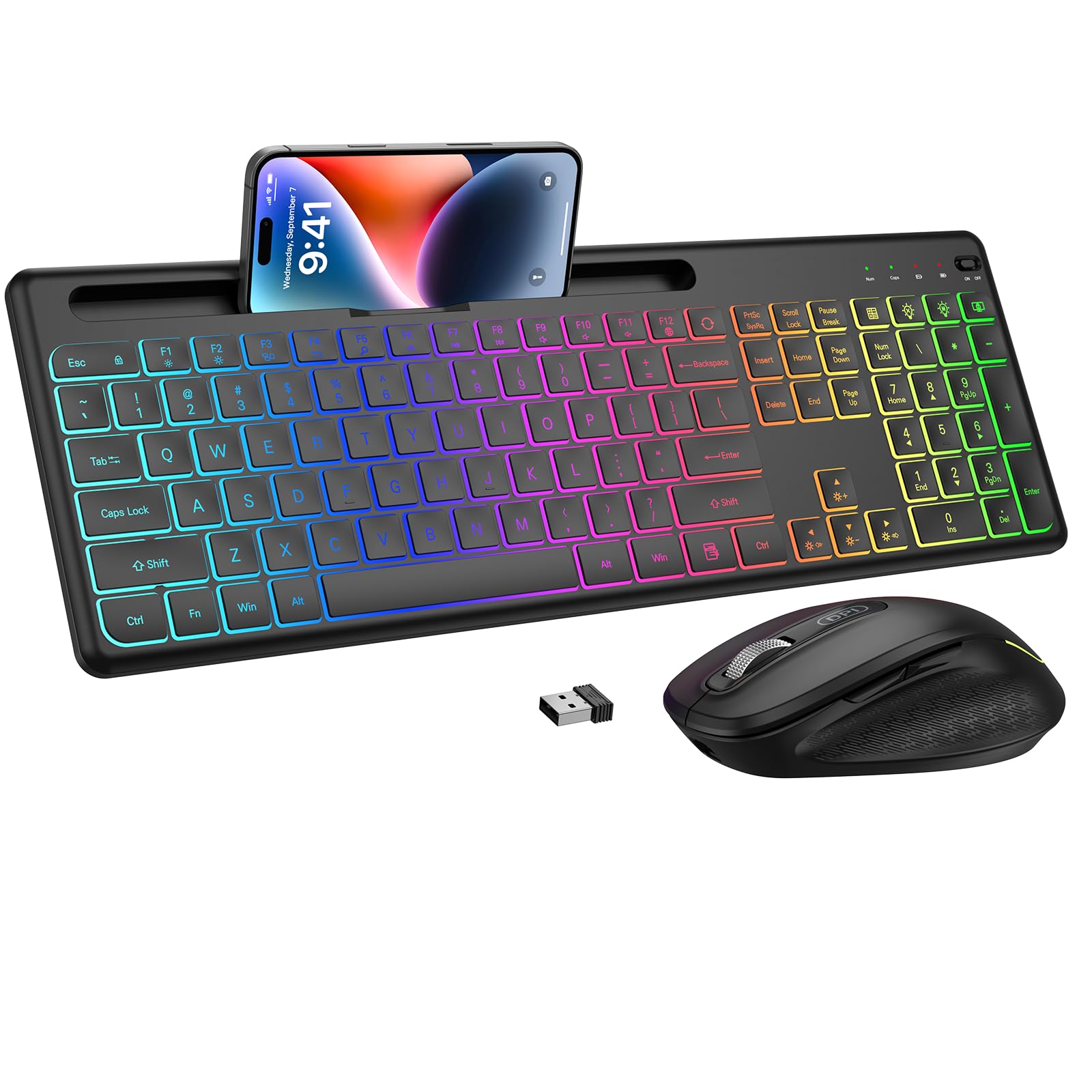 Wireless Keyboard and Mouse Combo with 10 Colored Backlits, Phone Holder