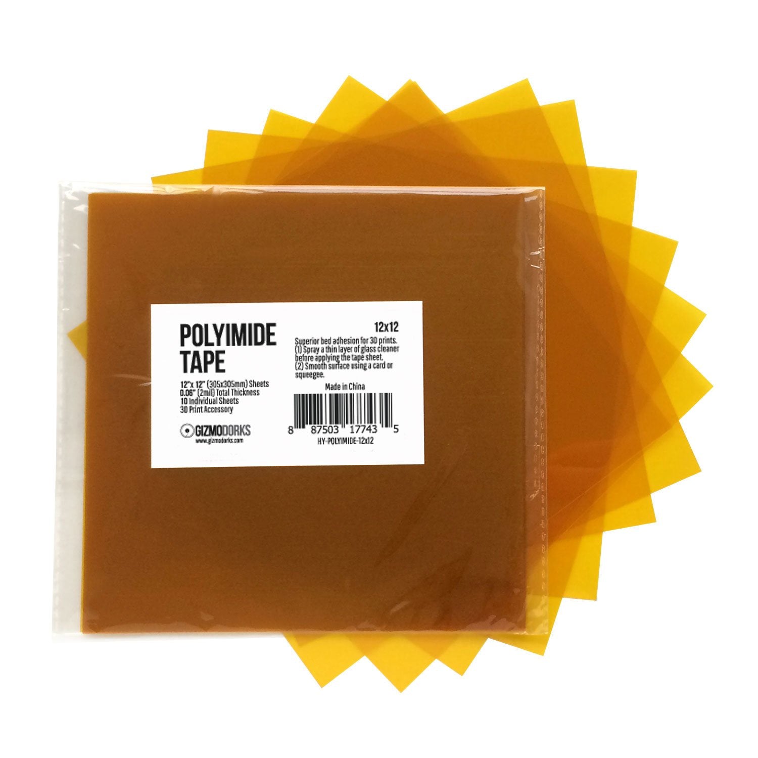 Gizmo Dorks Kapton Tape (Polyimide) For 3D Printers And Printing, 12 X 12 Inches, 10 Sheets Per Pack