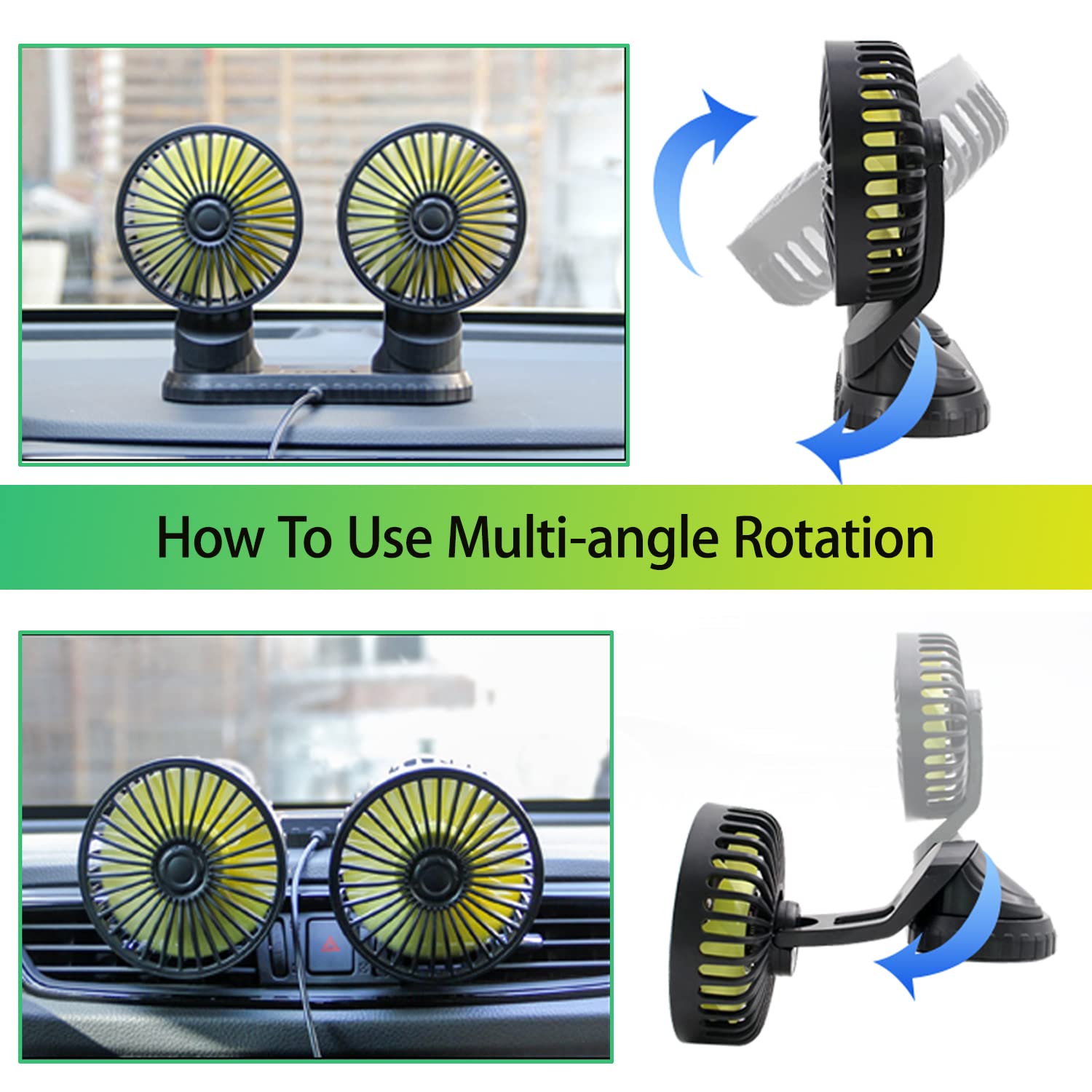 Car Cooling Fan,360� Adjustable Dual Head Cooling Air Fan Brushless Motor Low Noise Automobile Vehicle Fan Micro Usb For Car/Suv/Rv/Truck/Boat Use (Without Coloured Light)