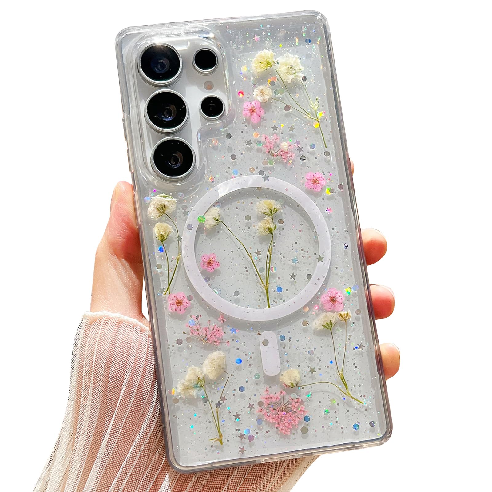 ASONCE Real Flowers for Samsung Galaxy S25 Ultra Case Cute [Magnetic and Wireless Charging] Glitter Phone Cover with Pressed Dri