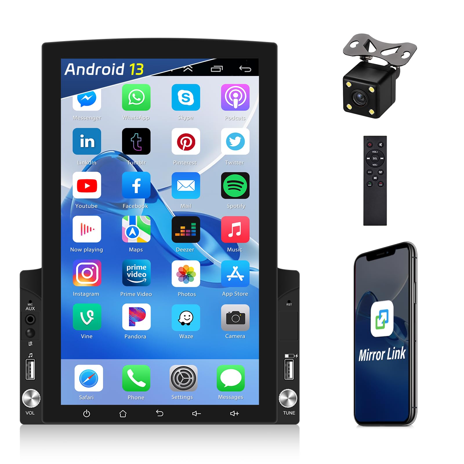 Android 13 Double Din Car Stereo With Bluetooth Gps Navigation, 9.7'' Vertical Touchscreen Car Radio With Fm Radio Wifi Ios/Android Mirror Link Usb/Aux In Head Unit + Backup Camera&Remote Control