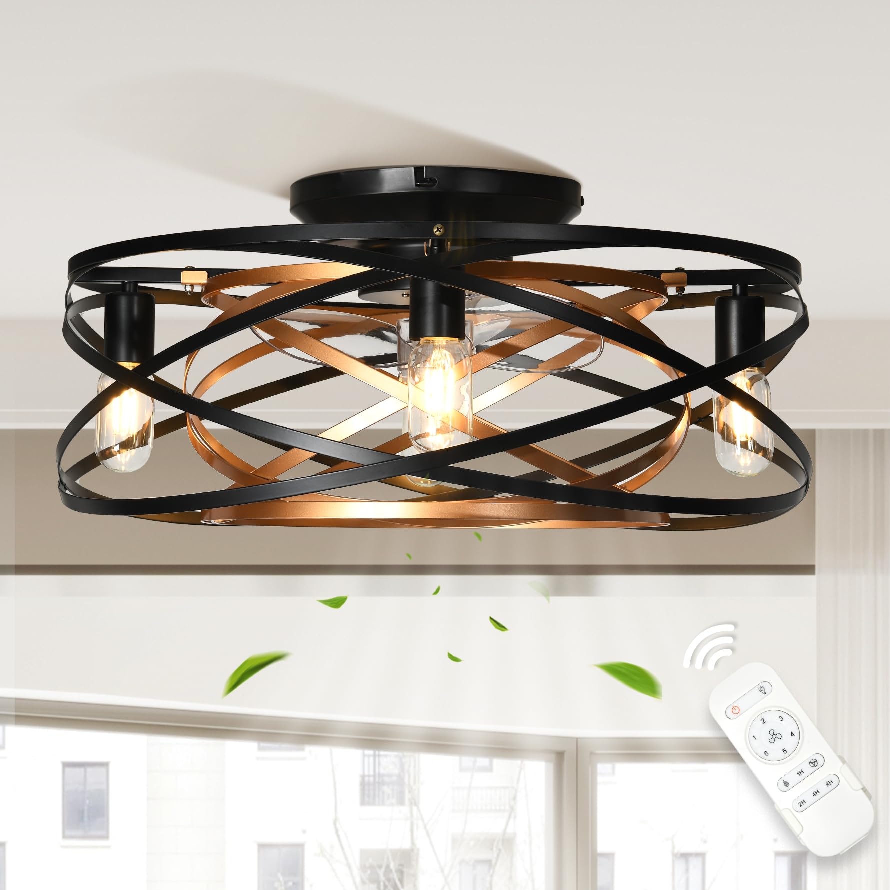 YITAHOME Caged Ceiling Fans with Lights Remote Control, 22 Bladeless Low Profile Ceiling Fan, 6 Speeds Flush Mount Enclosed Ce