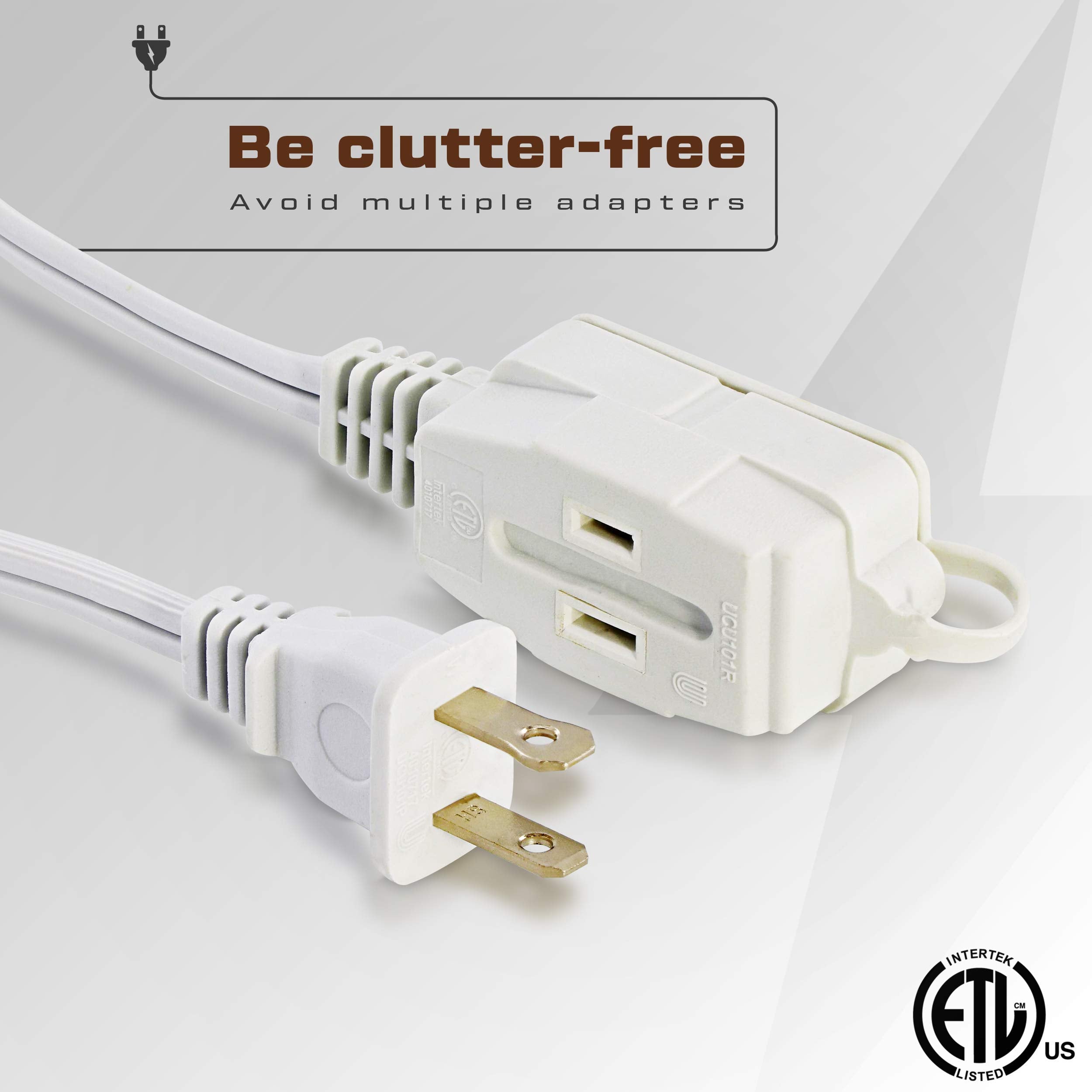 25 Feet White Extension Cord 3 Outlet 2 Prong 16 Gauge Cable, Indoor Use, 3 Receptacle Cube Tap, Extension Cord   By Revpex