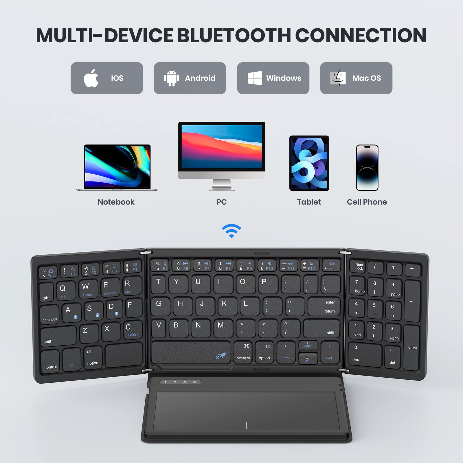 Geodmaer Foldable Bluetooth Keyboard, Portable Full Size Folding Keyboard With Touchpad, Pu Leather, Wireless Travel Keyboard Fo