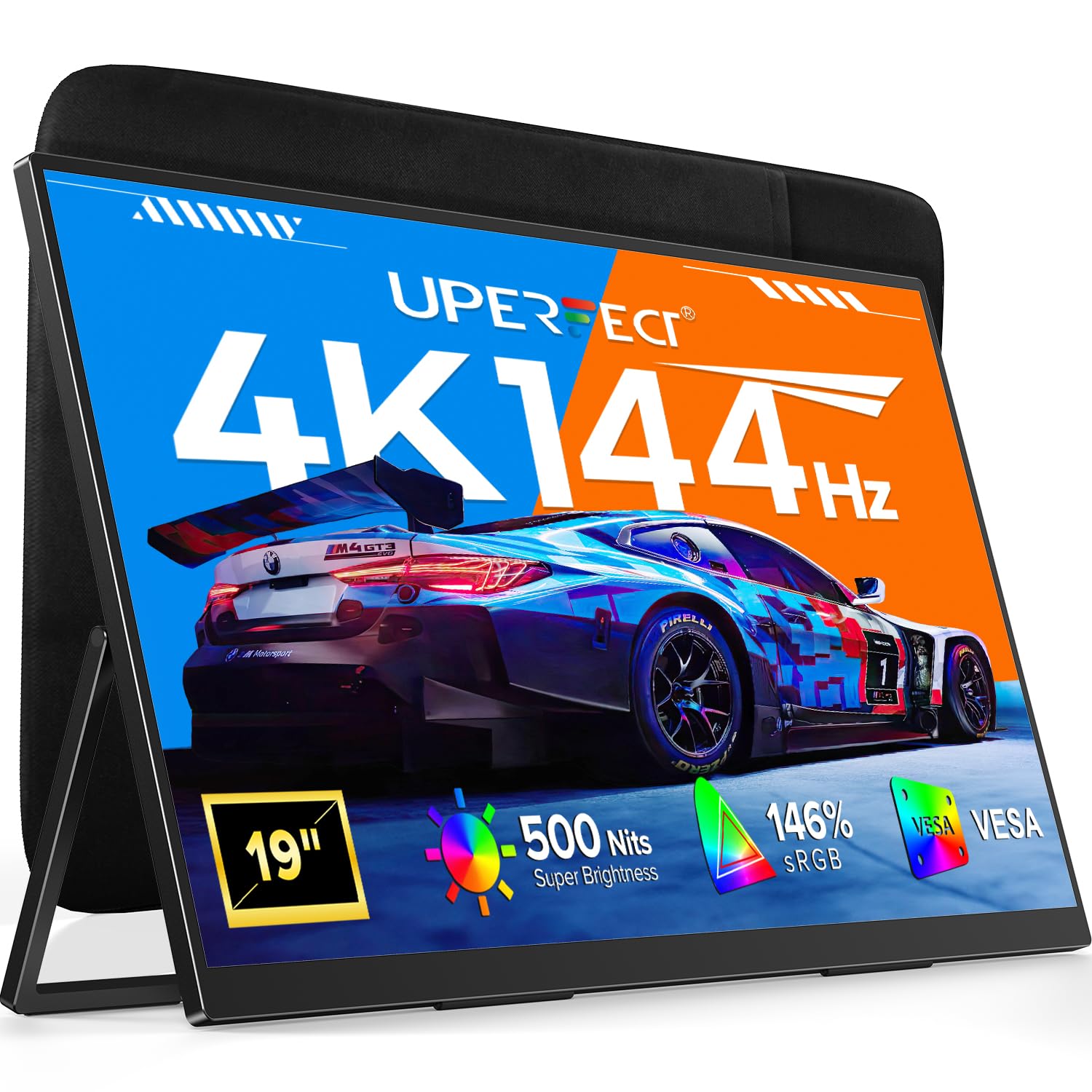 UPERFECT Portable Monitor 4K 144Hz QLED, 19 UHD 3840  2160, 500 Nits, 2000:1, 146% sRGB, 0.1ms, Built-in Stand & VESA Mount, Tra