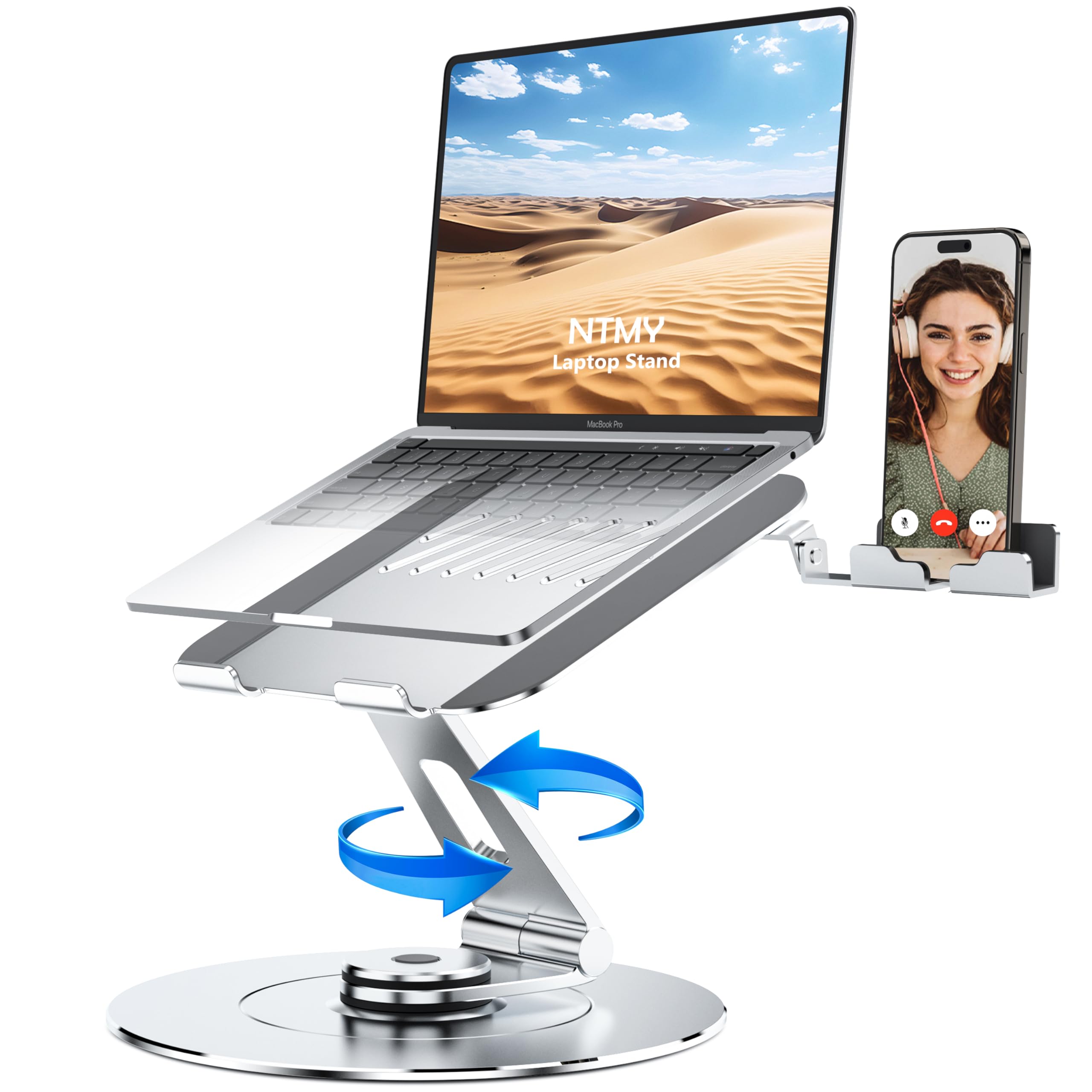 Ntmy Portable Laptop Stand,Adjustable Laptop Riser,360 Rotating Laptop Stand With Phone Holder,Foldable Laptop Stand For Desk,Er