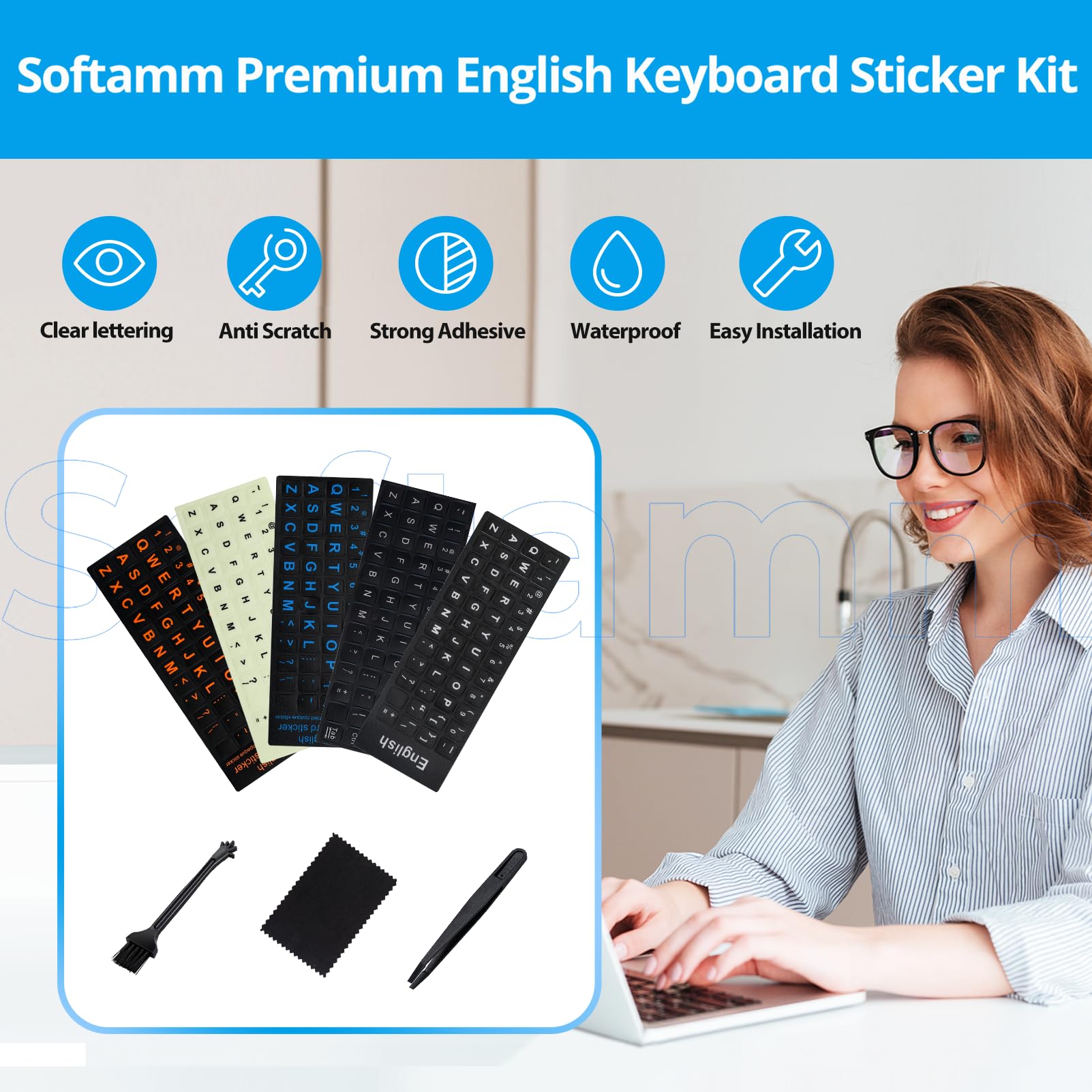 English Keyboard Stickers[5 In 1],Replacement English Keyboard Sticker With White Font On Black Background Universal For Laptop