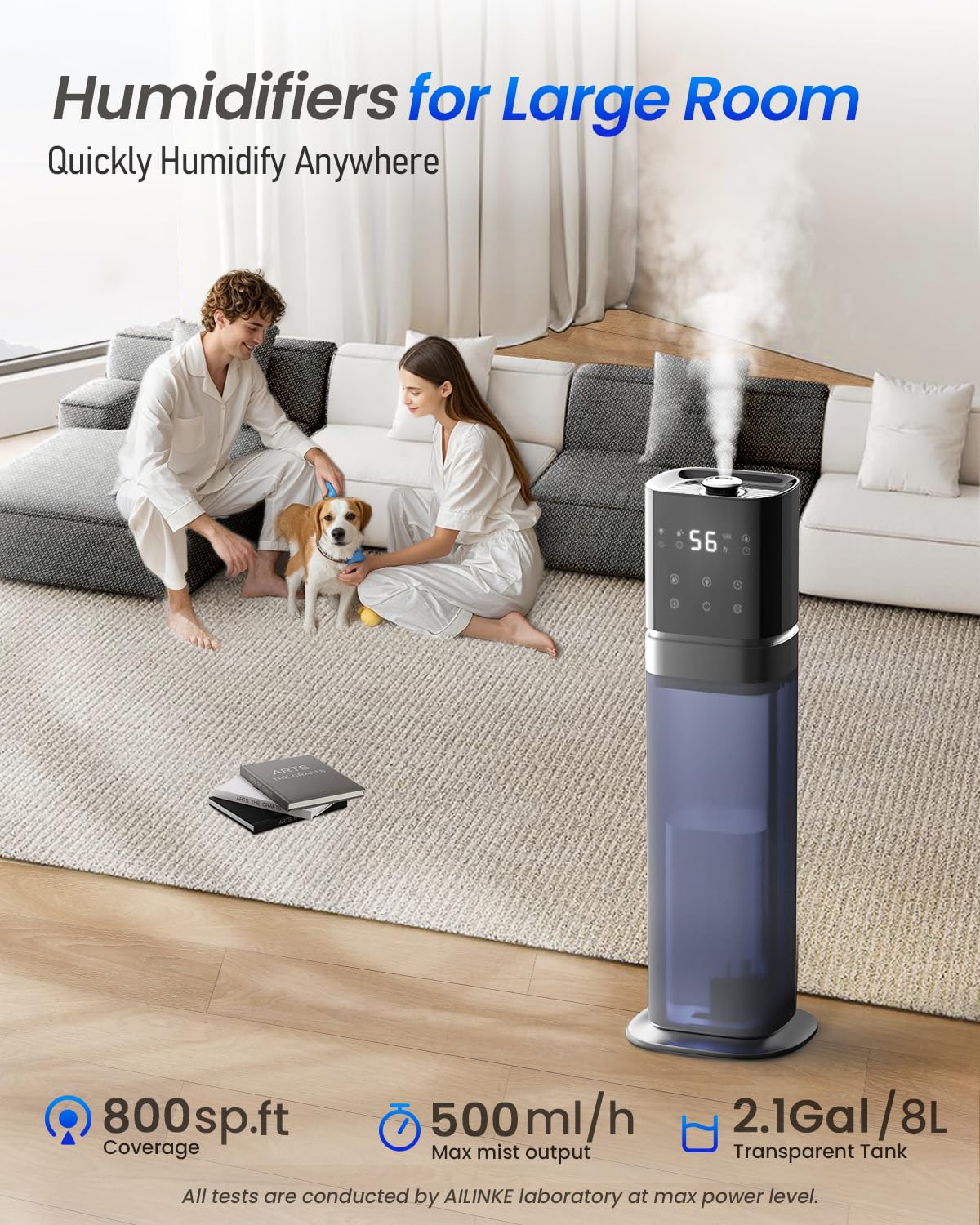 Ailinke Smart Humidifier Large Room, 2.1Gal/8L Humidifiers For Bedroom With Extended Tube&Night Light, Whole House Cool Mist Hum