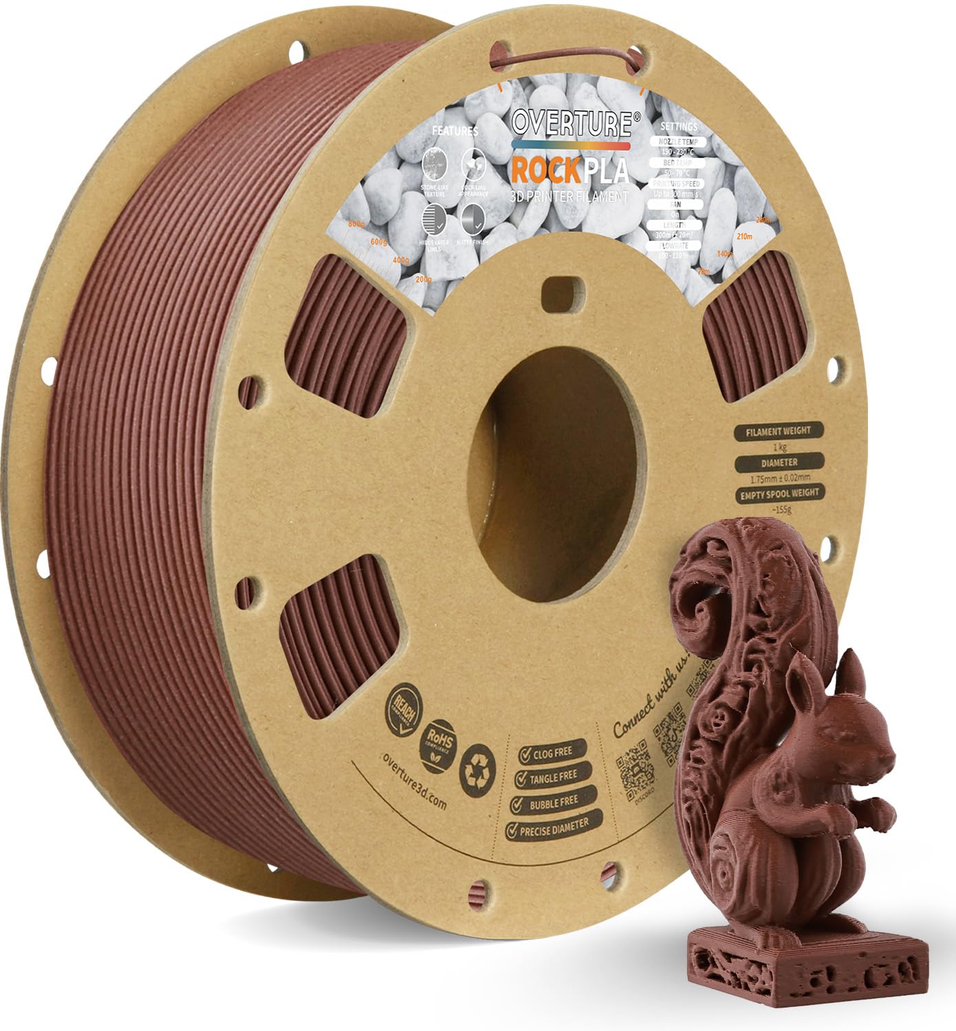OVERTURE Rock PLA Filament 1.75mm, Wood PLA 3D Printer Filament 1kg Spool (2.2lbs), Dimensional Accuracy +/- 0.02 mm, Fit Most F