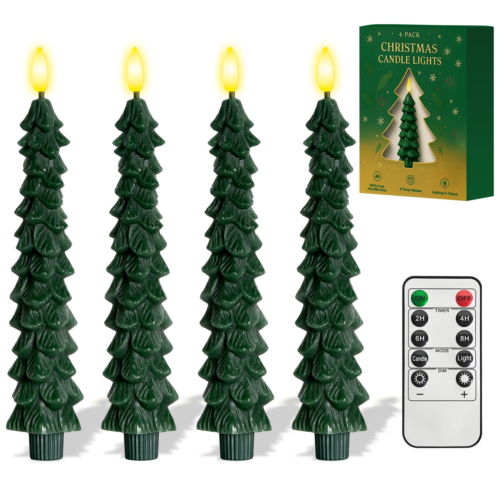 4 Pcs Christmas Tree-Shaped Flameless Taper Candles with Remote and Timer, Real Wax LED Window Candlesticks, 3D Flame Wick Batte