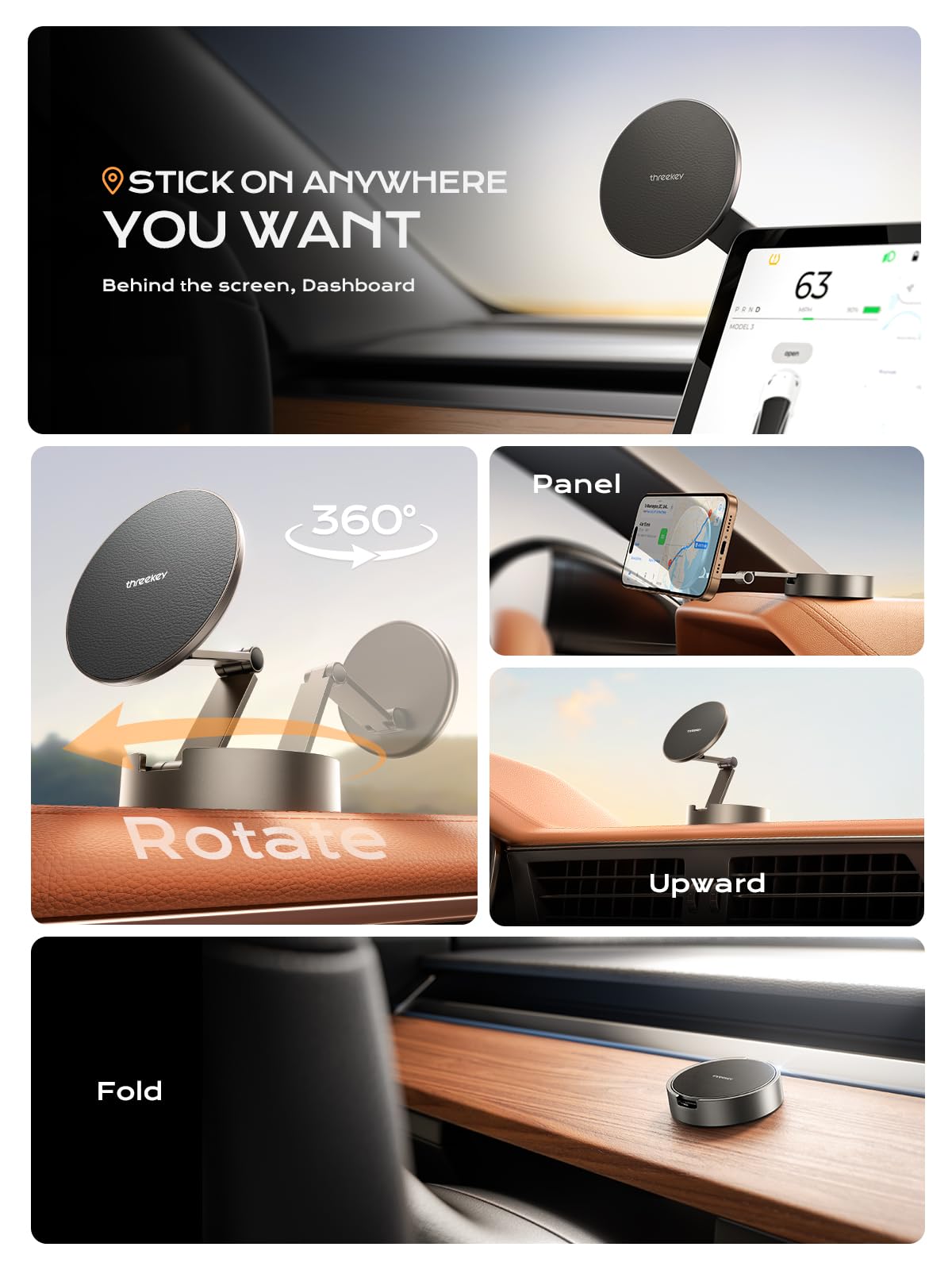 Threekey For Magsafe Car Phone Mount, Magnetic Phone Holder For Car With Metal Arm & 360Rotation, Strong Magnets Car Phone Holde