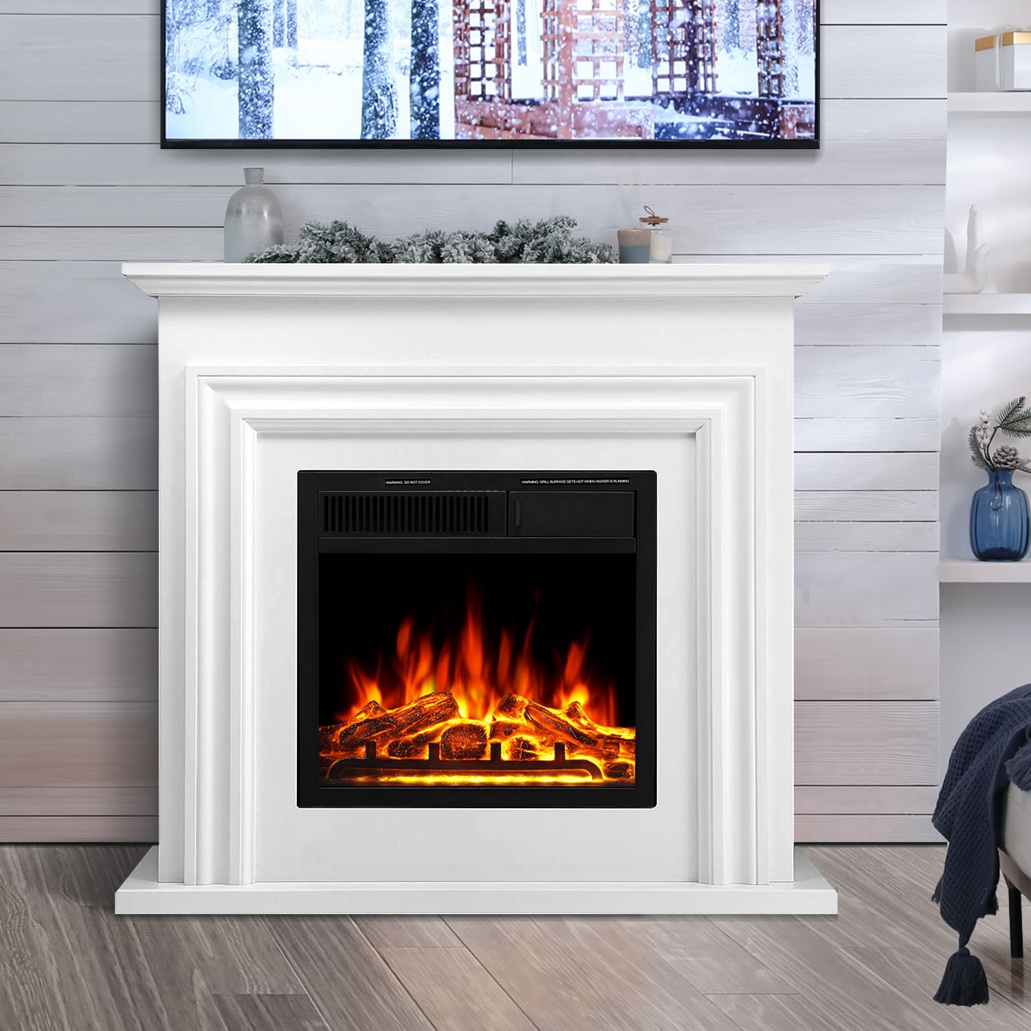 R.W.FLAME Electric Fireplace Mantel Wooden Surround Firebox, 36  Pearl White TV Stand with Freestanding Electric Fireplace,Remot
