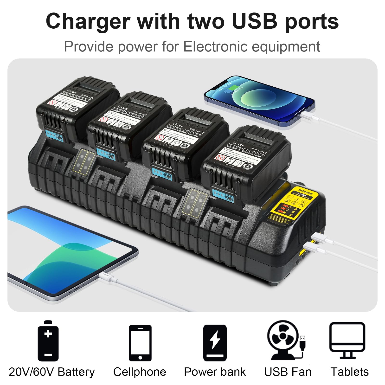 Dcb104 Battery Charger Station Replacement For Dewalt Battery Charger, Simultaneous Charging For 12V And 20V Max Battery Black