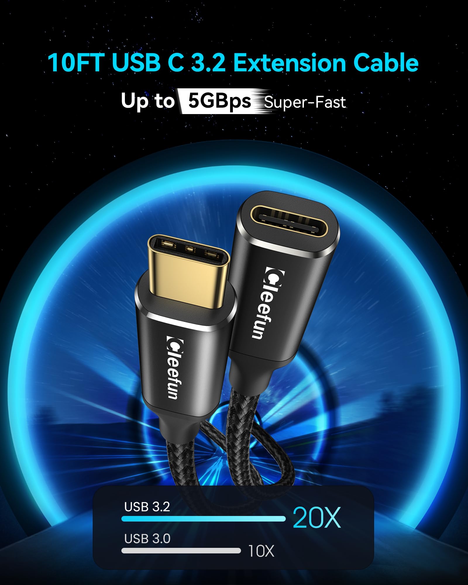 Cleefun Usb C Extension Cable 10Ft, Usb C 3.2 Male To Usb C Female Extension Cable, 5Gbps Data & 4K Video Sync Transfer Usb C Extender Cable 100W Fast Charging For Usbc Hub, Laptop, Tablet, Phone