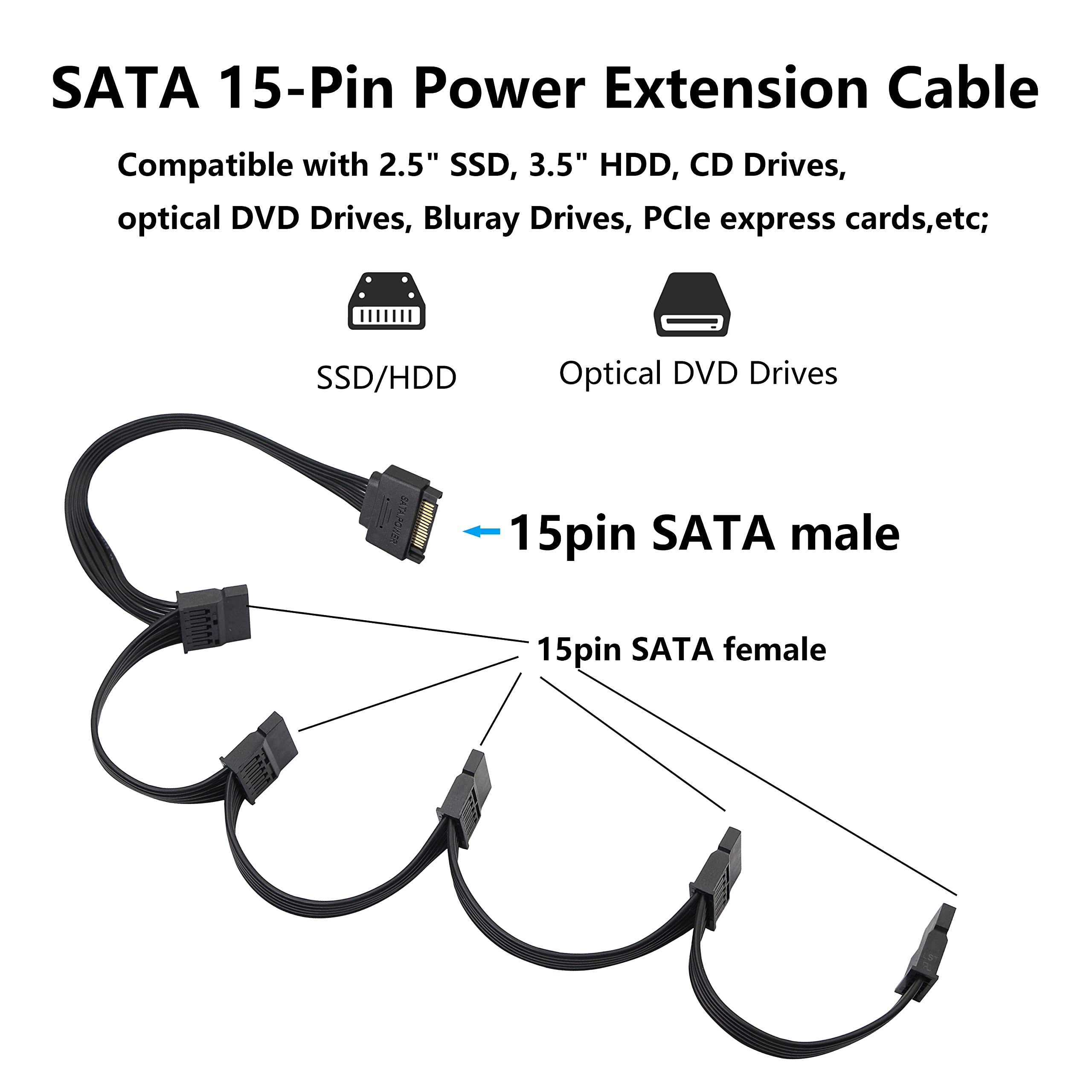 Gelrhonr 15Pin Sata Male To 5 Sata Female Power Splitter Adapter Cable Extension Y Cable For Hdd?Ssd Hard Disk