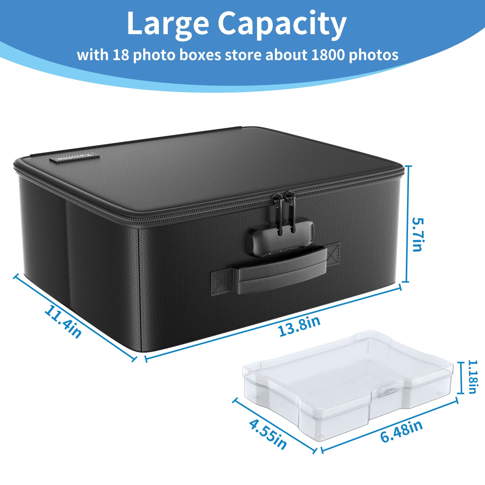 Fireproof Safe Photo Storage Box With 18 Inner 4'' X 6'' Clear Photo Cases, Portable Photo Organizer With Lock For Picture, Coll