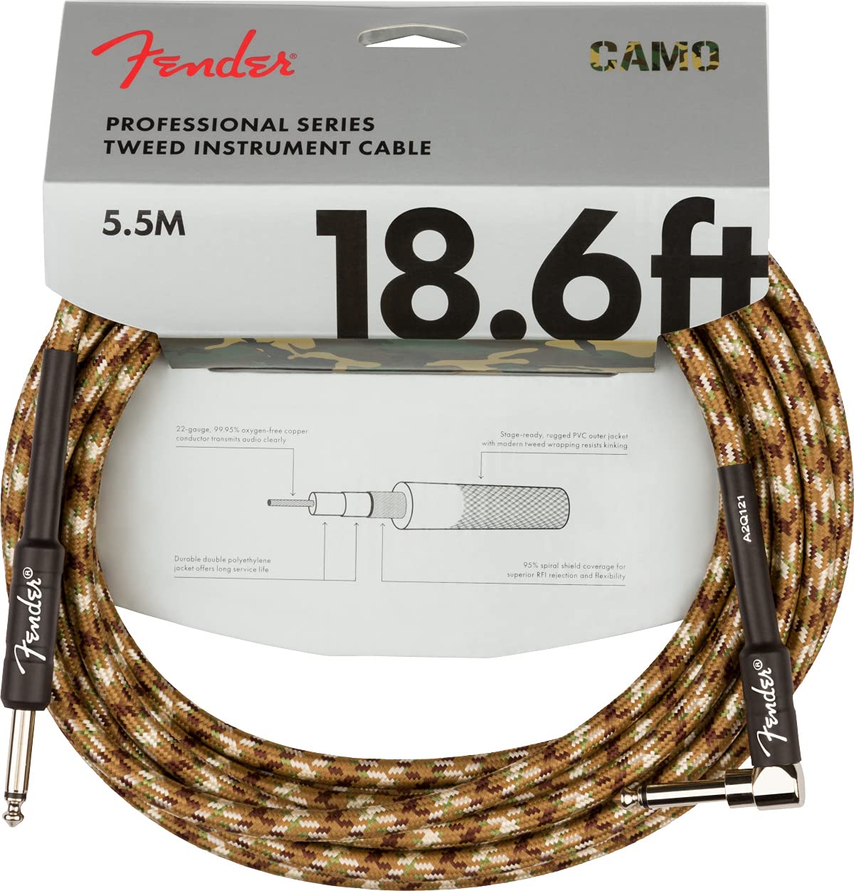 Fender 18.6 Foot Professional Instrument Cable, Straight Angle, Desert Camo   1 Pack
