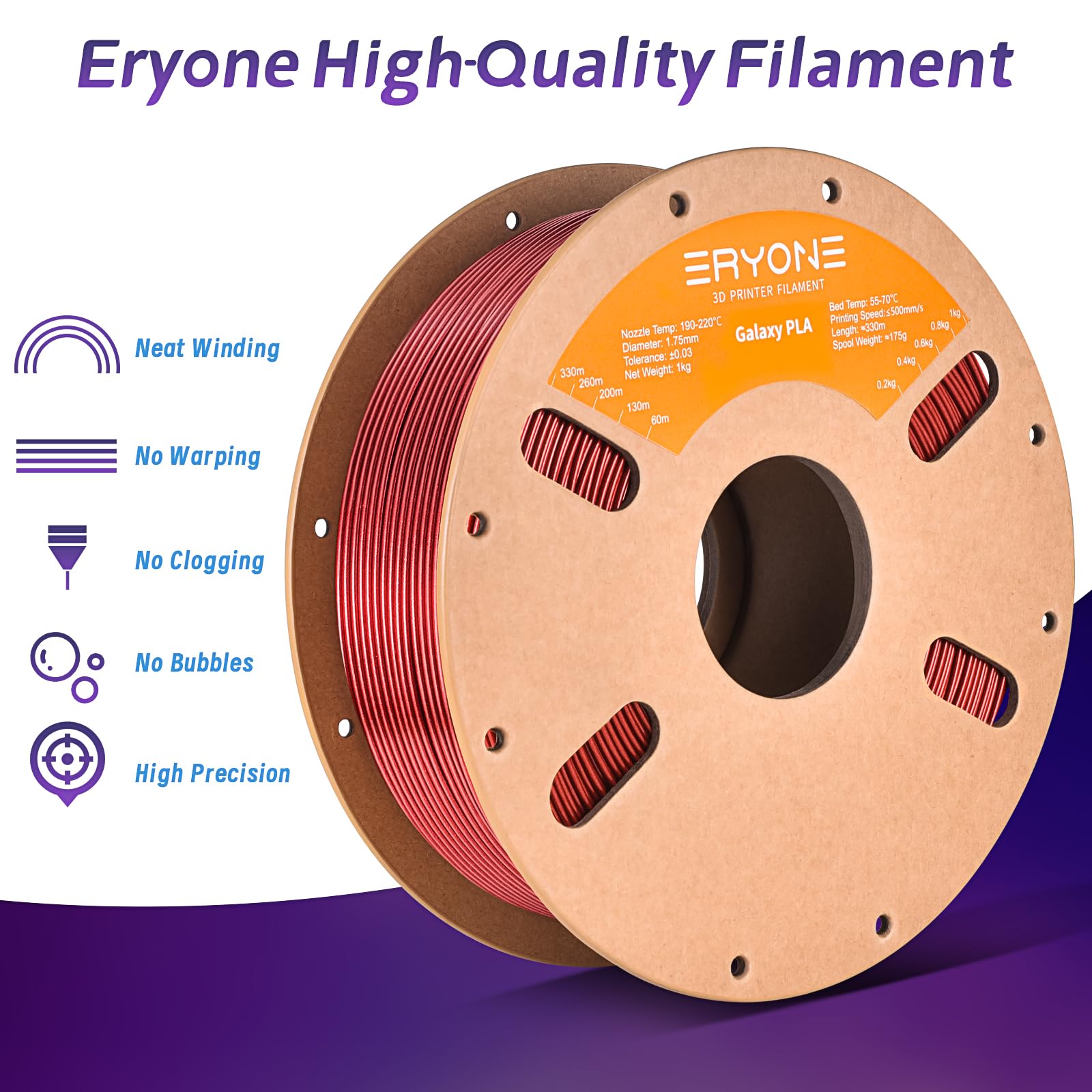 Eryone Sparkly Glitter Shining Pla Filament For 3D Printer, 1.75Mm +/ 0.03Mm, 1Kg(2.2Lbs)/Spool, Red