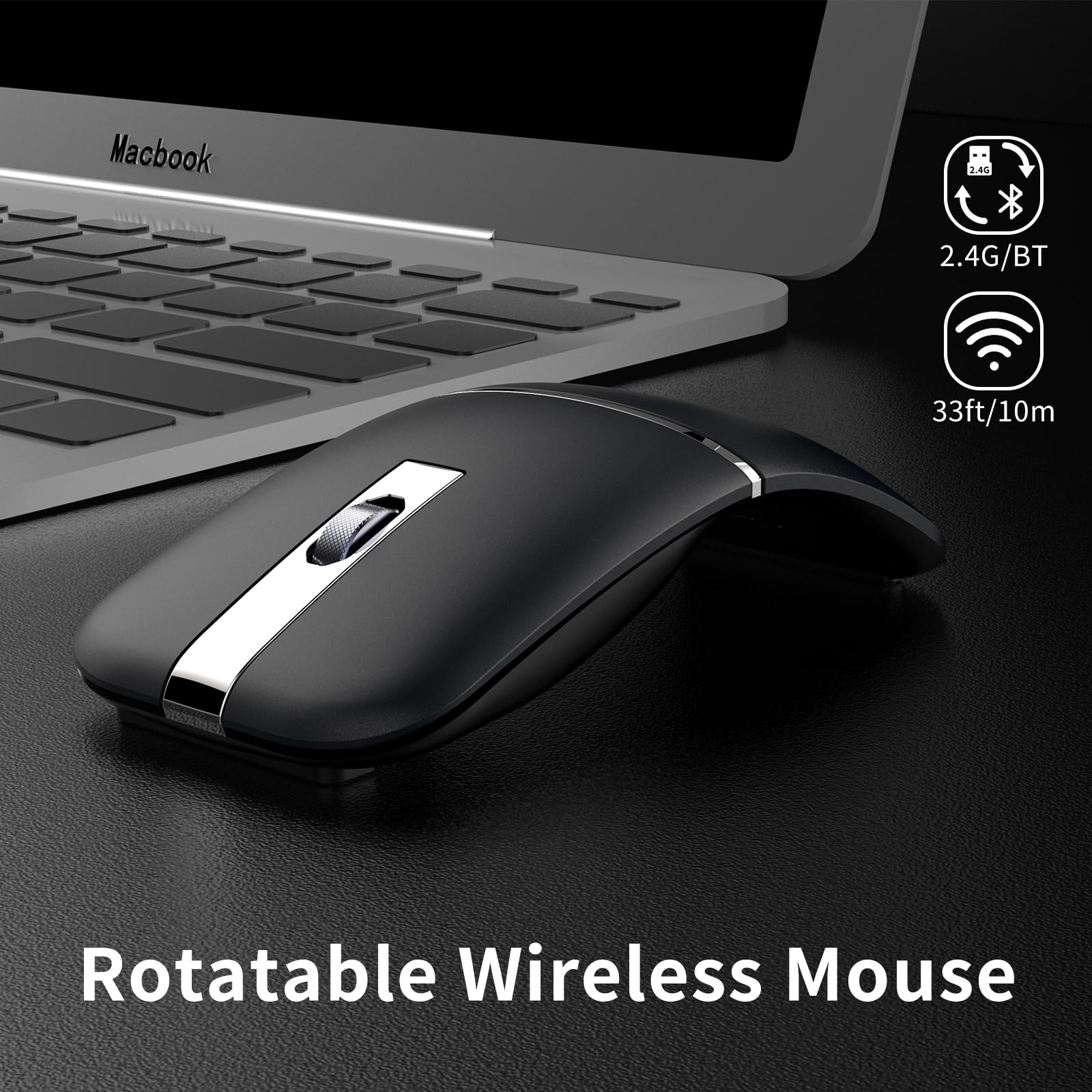 ACOZYKITTEN Arc Bluetooth Mouse - Ultra-Thin, Rechargeable, Dual Mode (BT5.0/3.0+2.4G), Portable Travel Mouse, Black