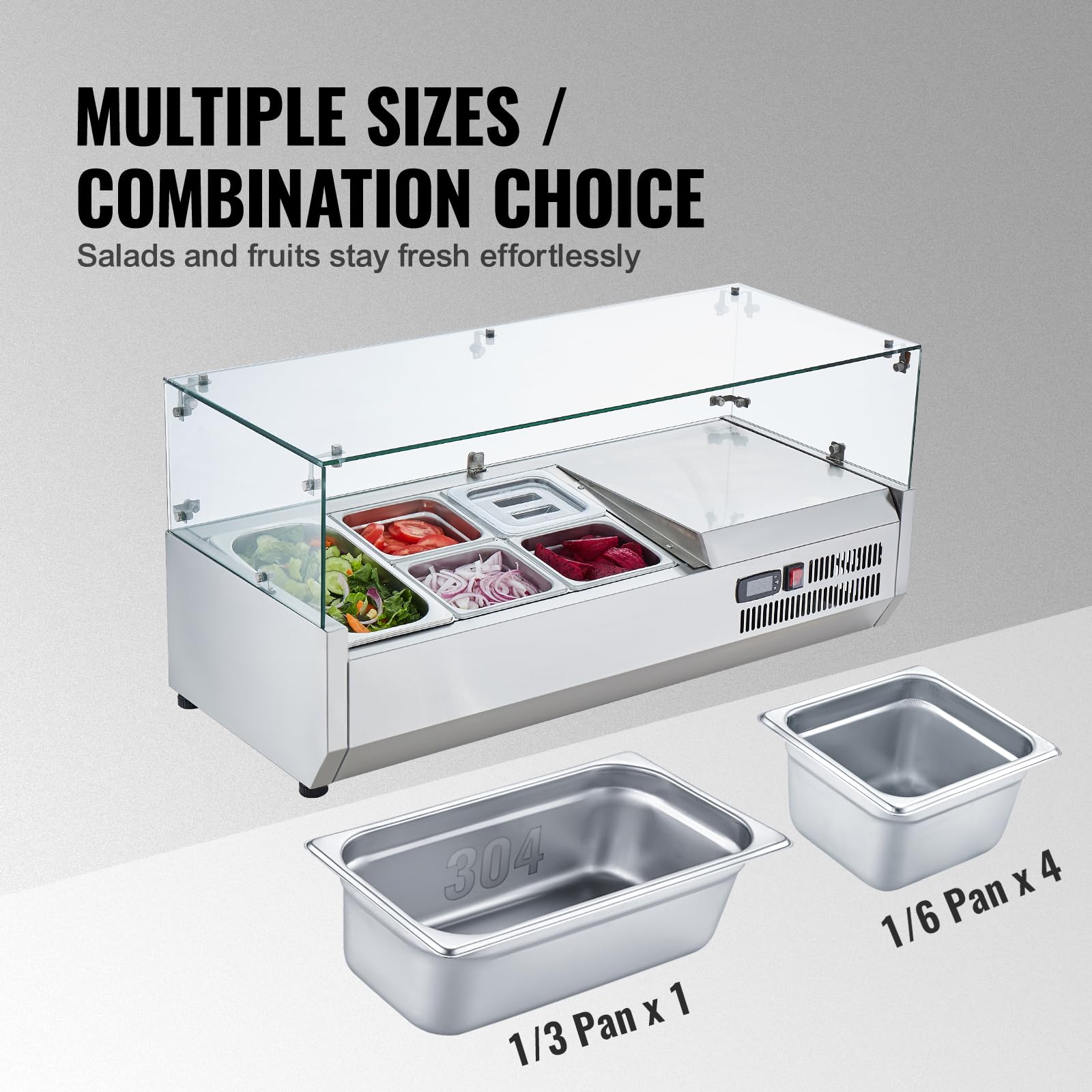 Vevor, 130 W Countertop Refrigerated Condiment Station, With 1 1/3 4 1/6 Pans, 304 Stainless Body And Pc Lid, Sandwich Prep Tabl