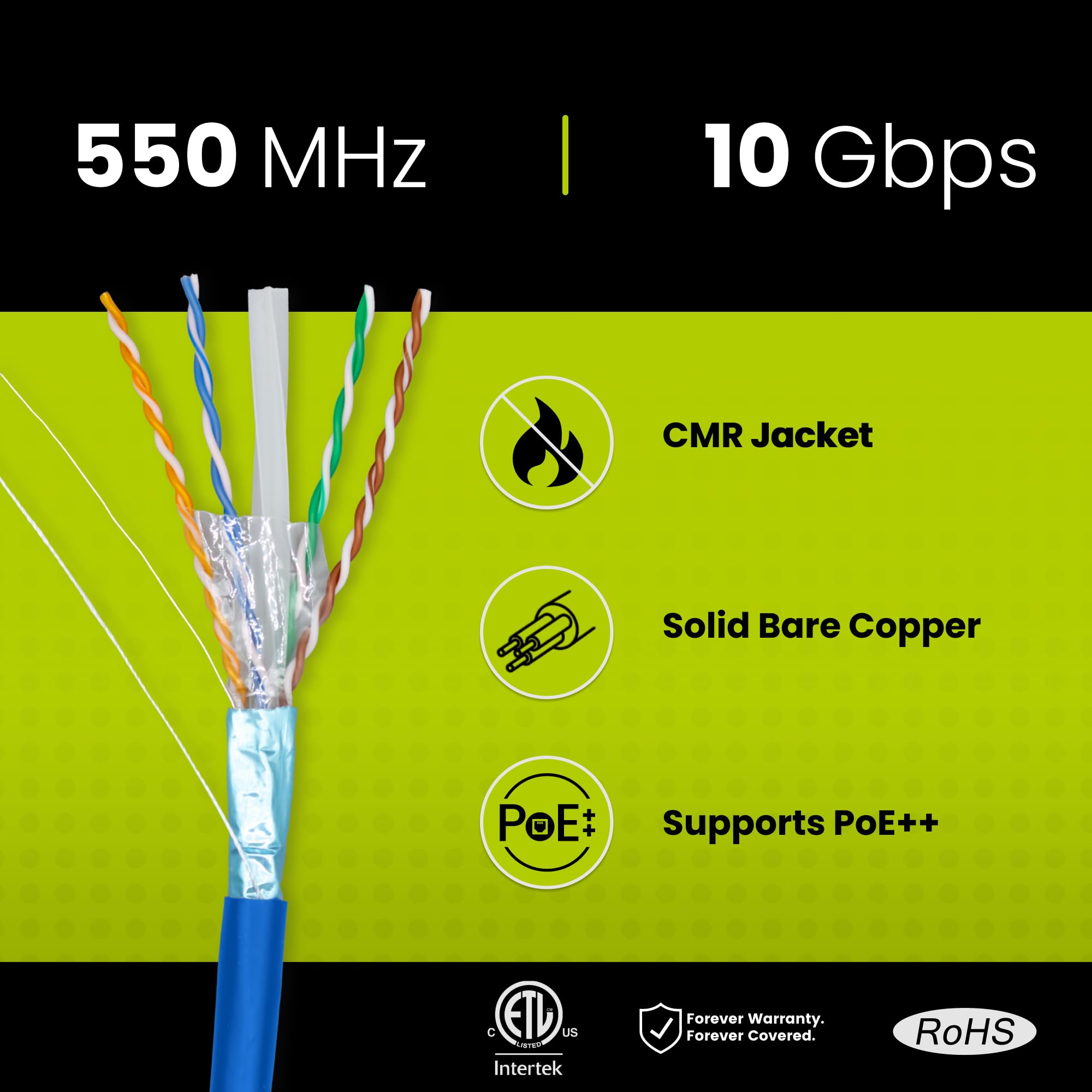 Truecable Cat6 Shielded Riser (Cmr), 1000Ft, Blue, 23Awg Solid Bare Copper, 550Mhz, Poe++ (4Ppoe), Etl Listed, Overall Aluminum Foil Shield (F/Utp), Bulk Ethernet Cable