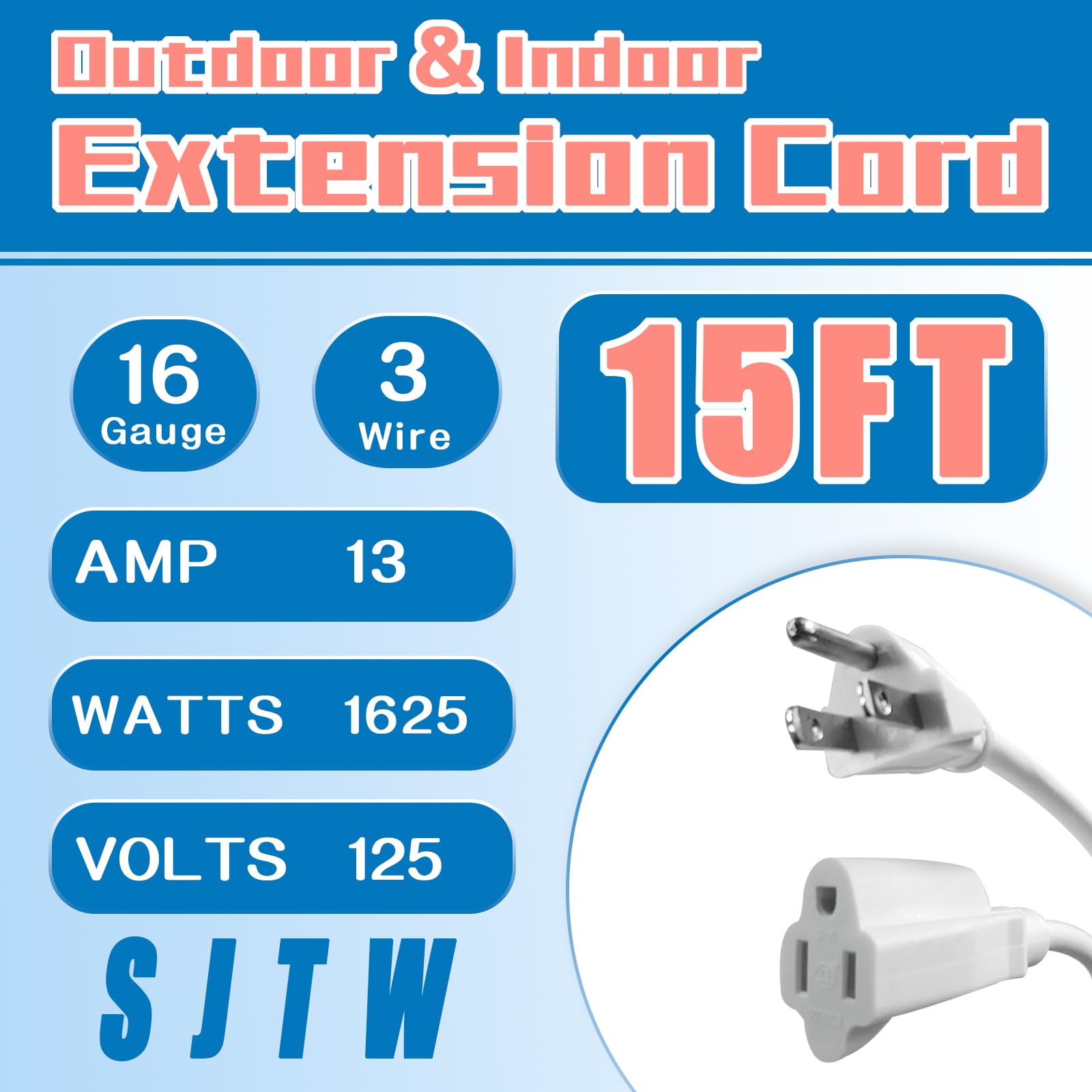 Greatide Indoor Outdoor Extension Cord 15 Ft, 16/3 Sjtw Weatherproof White Electrical Cords, 13 Amp Heavy Duty 3 Prong Power Cab
