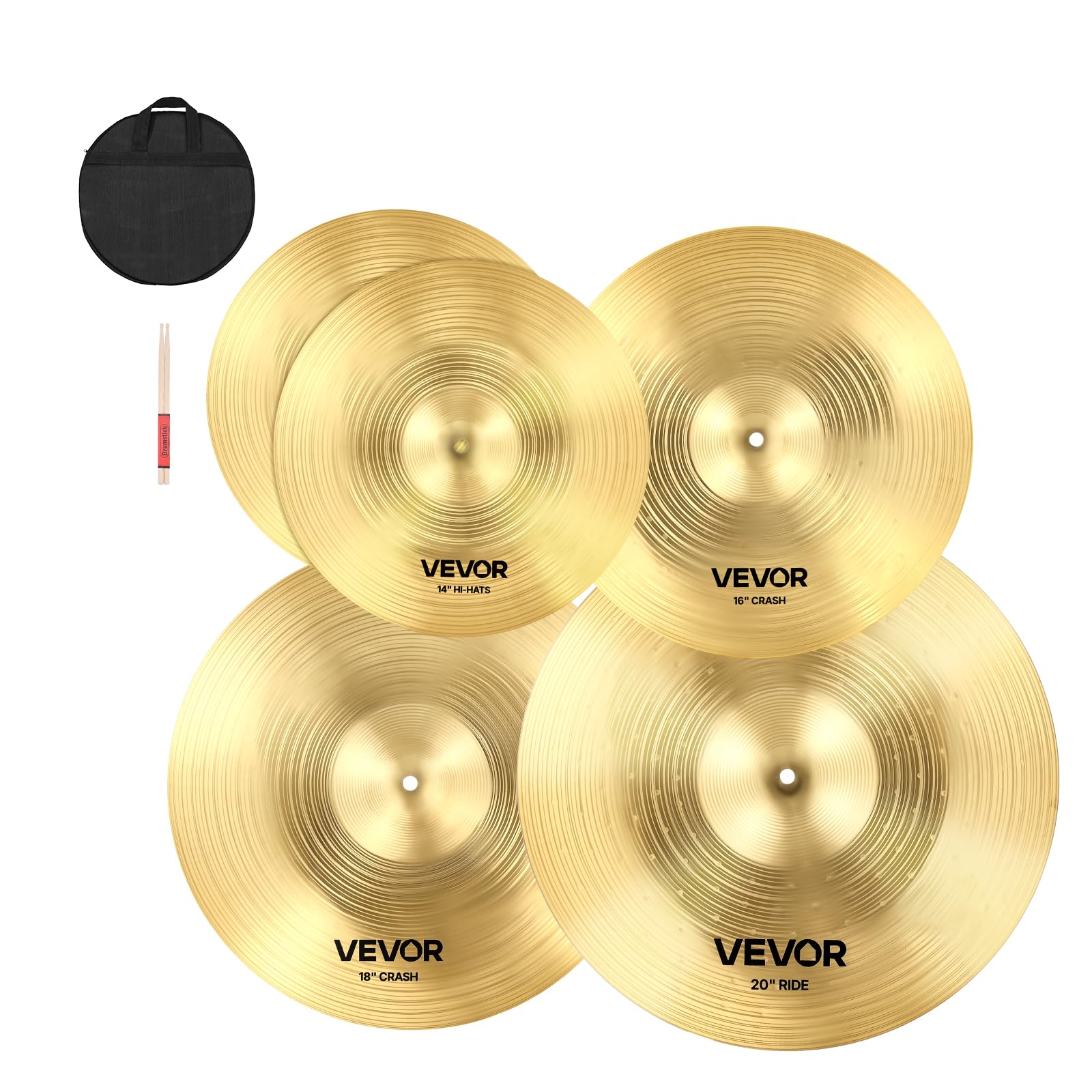 VEVOR Cymbal Pack, 5 Pieces Cymbals for Drum Set, Alloy Cymbals Drum Set Includes 14-inch Hi-Hats, 16-inch Crash, 18-inch Crash,