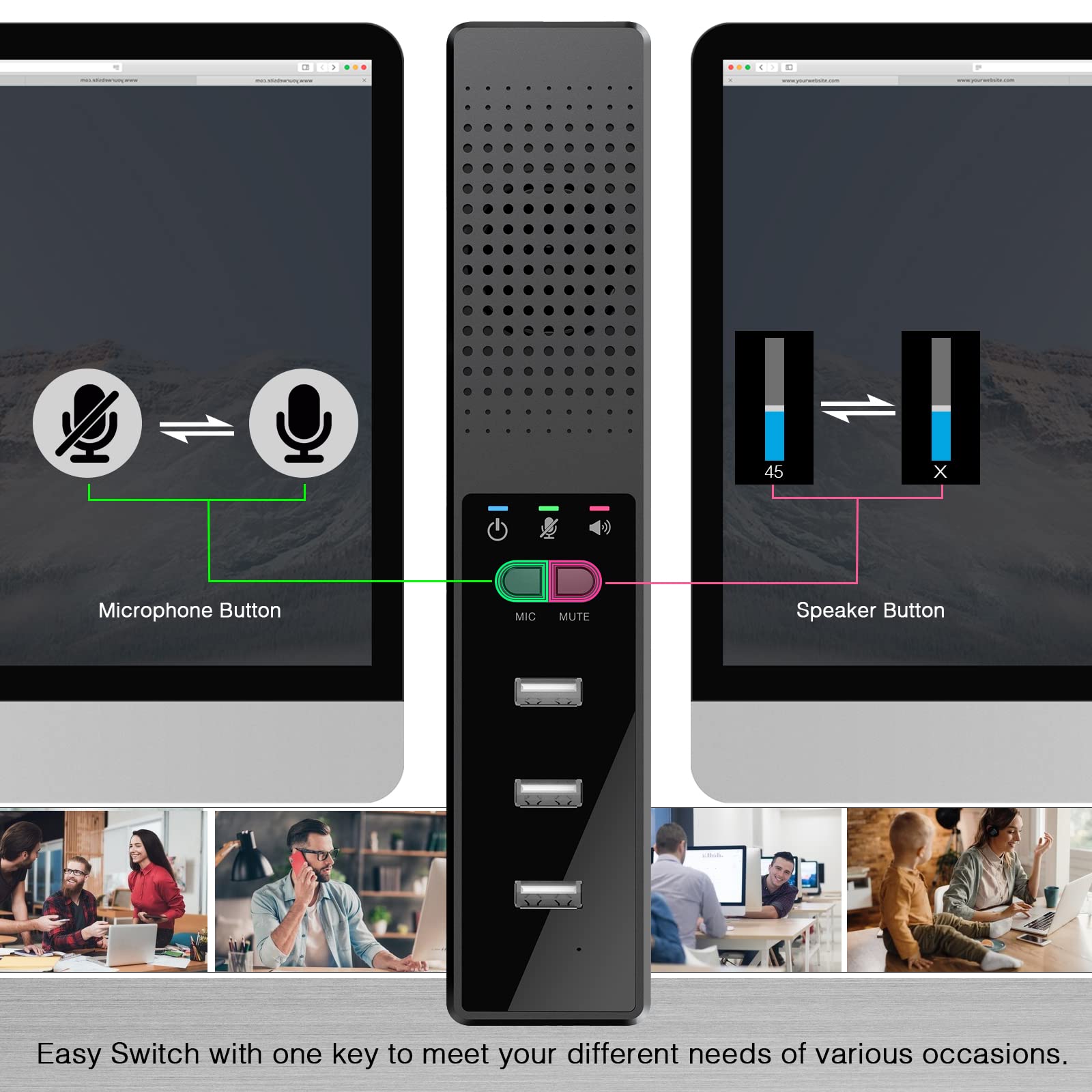 Cykvis 3 In 1 Usb Computer Speaker With Microphone, Pc Laptop Conference Speaker With Mic For Smart Home Office And Online Study