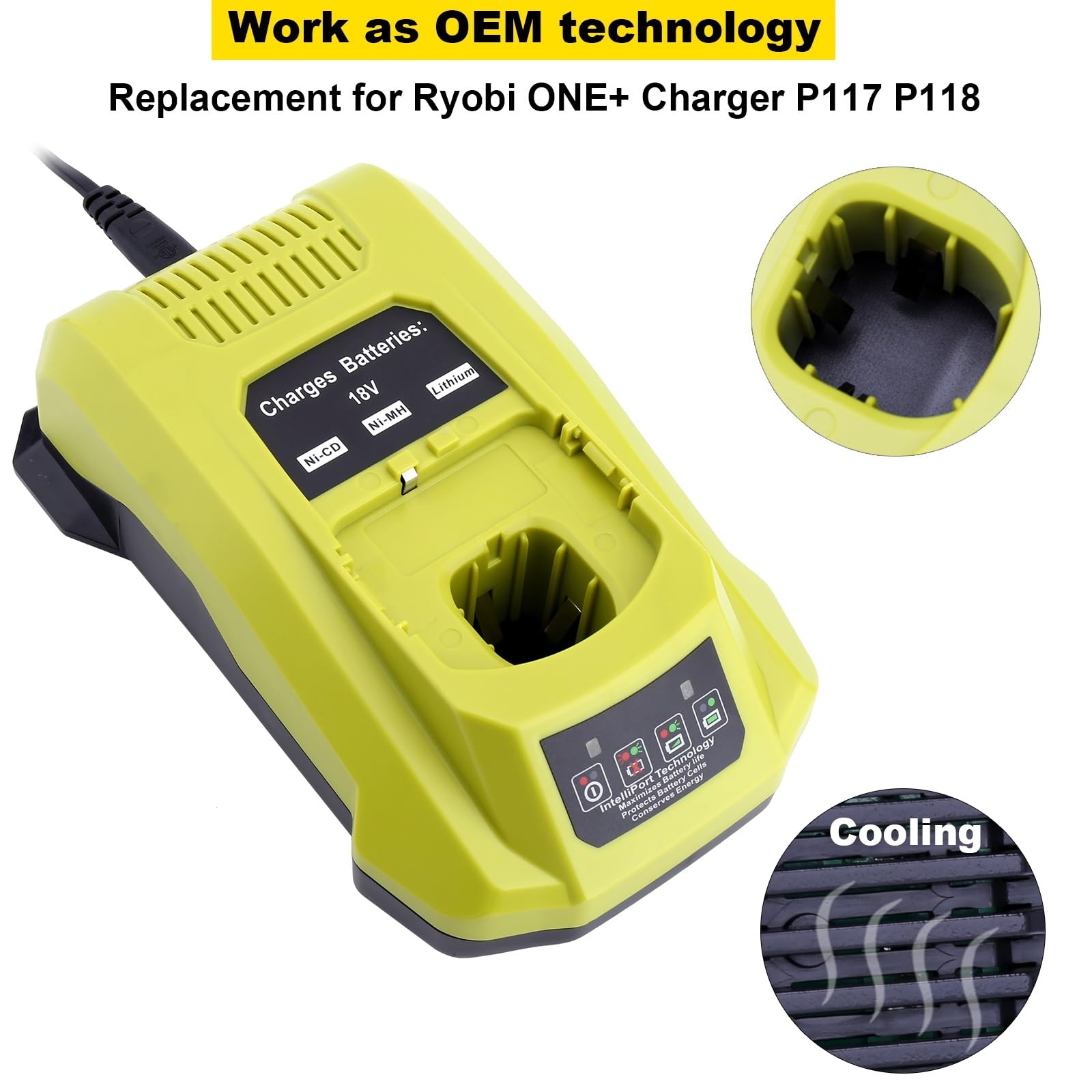 Kotoate P117 Replacement For Ryobi 18V Battery Charger P117 Dual Chemistry Charger P118 Compatible With Ryobi 18V One+ Lithium &