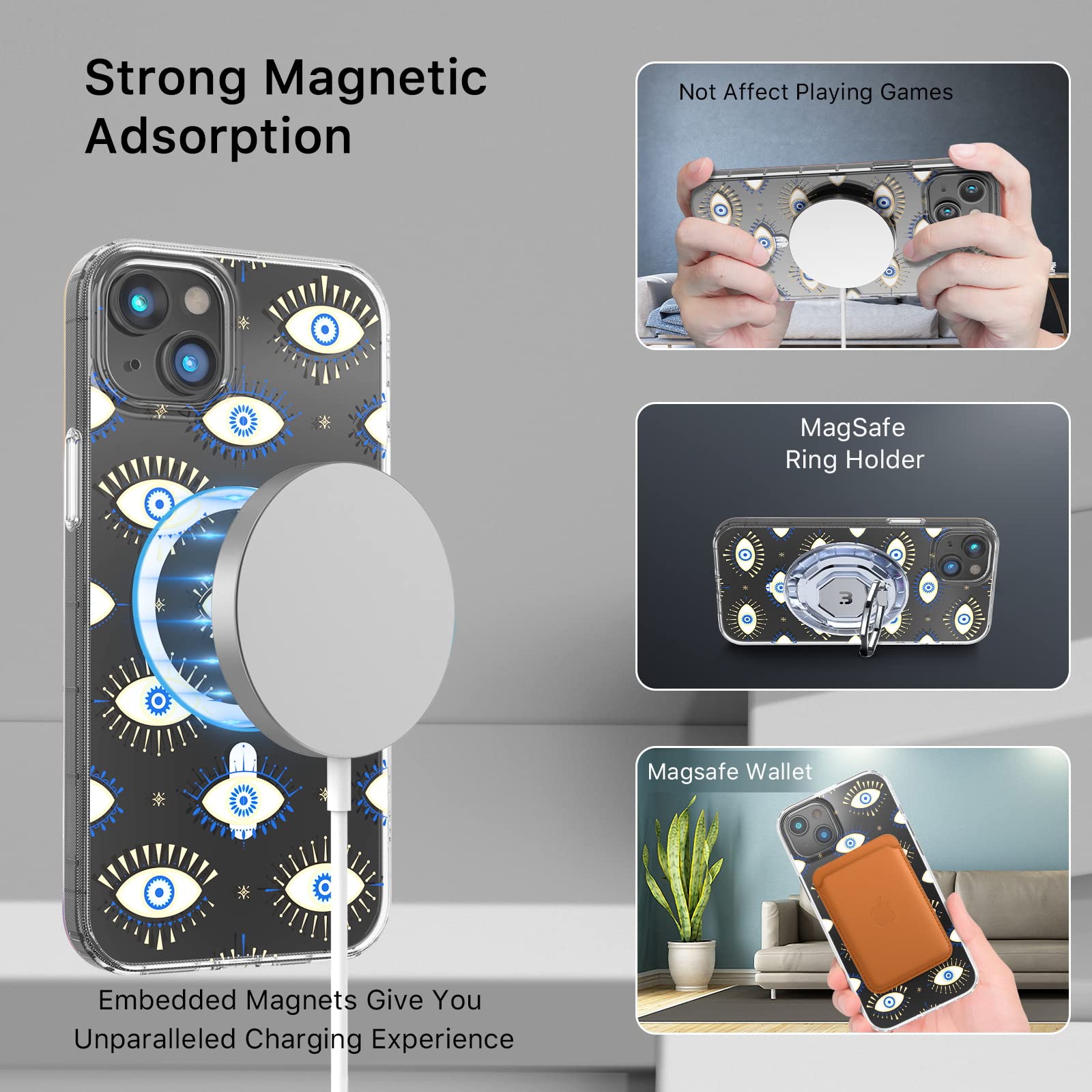 M MYBAT PRO Magnetic Clear Phone Case for iPhone 14 Plus 6.7 inch MagSafe Compatible TPU Evil Eye