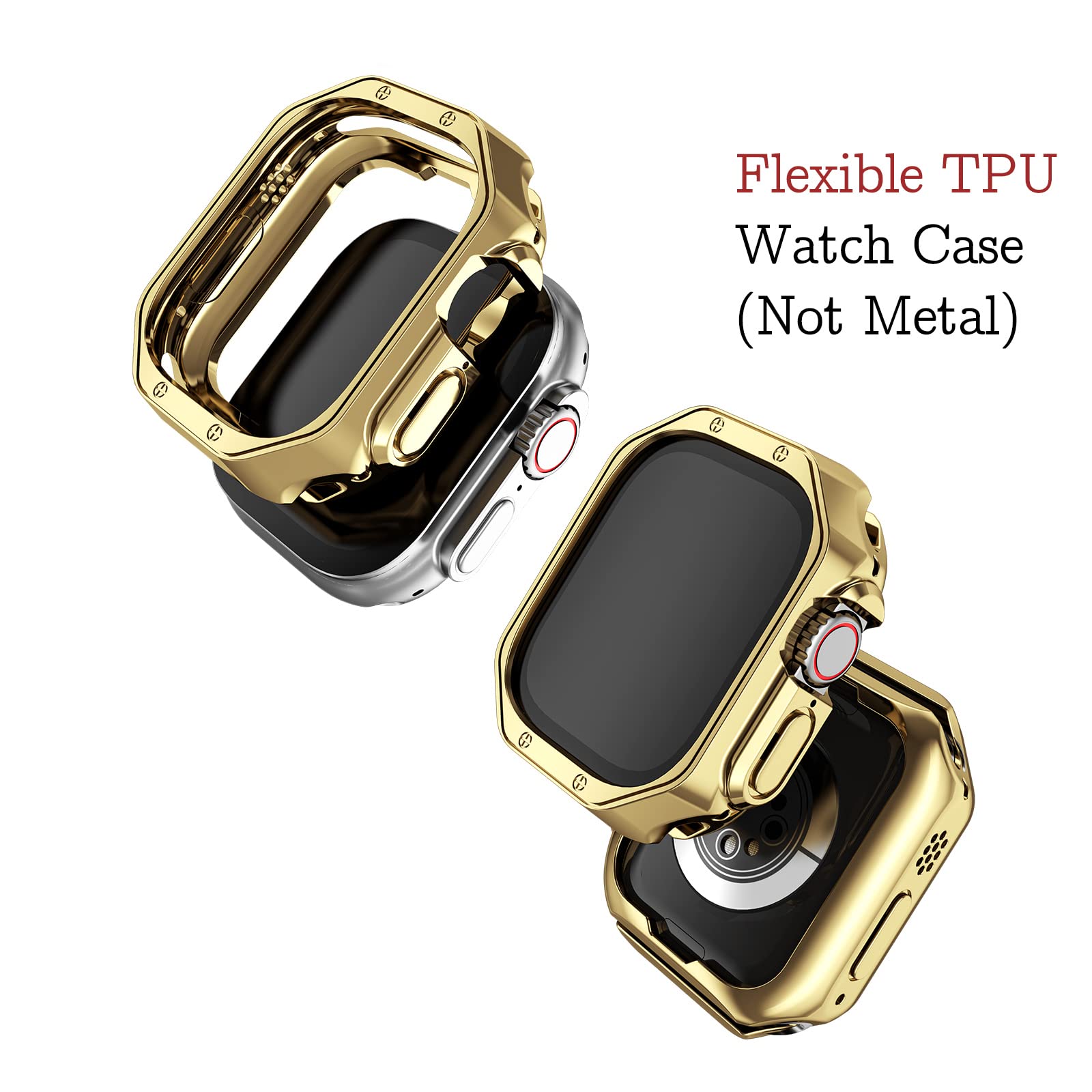 MRYUESG Gold Stainless Steel Metal Chain Band with TPU Cover for Apple Watch Ultra 2, 49mm Smart-Watch Link Bracelet Strap for Men