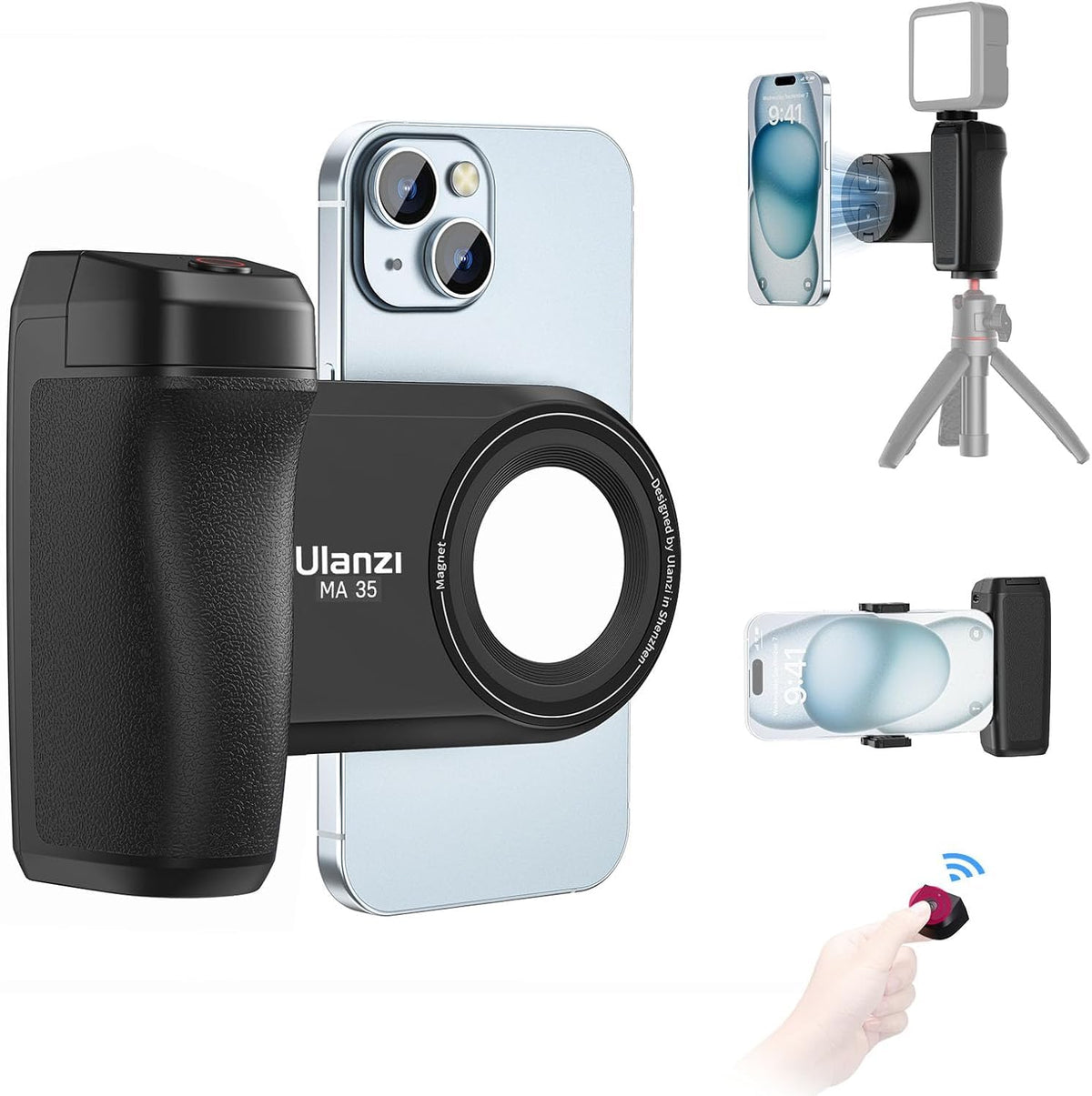 Ulanzi Selfie Phone Tripod Mount Ma35, 2-In-1 Magnetic & Phone Clip Camera Grip Handle Holder With Detachable Remote Shutter Wit