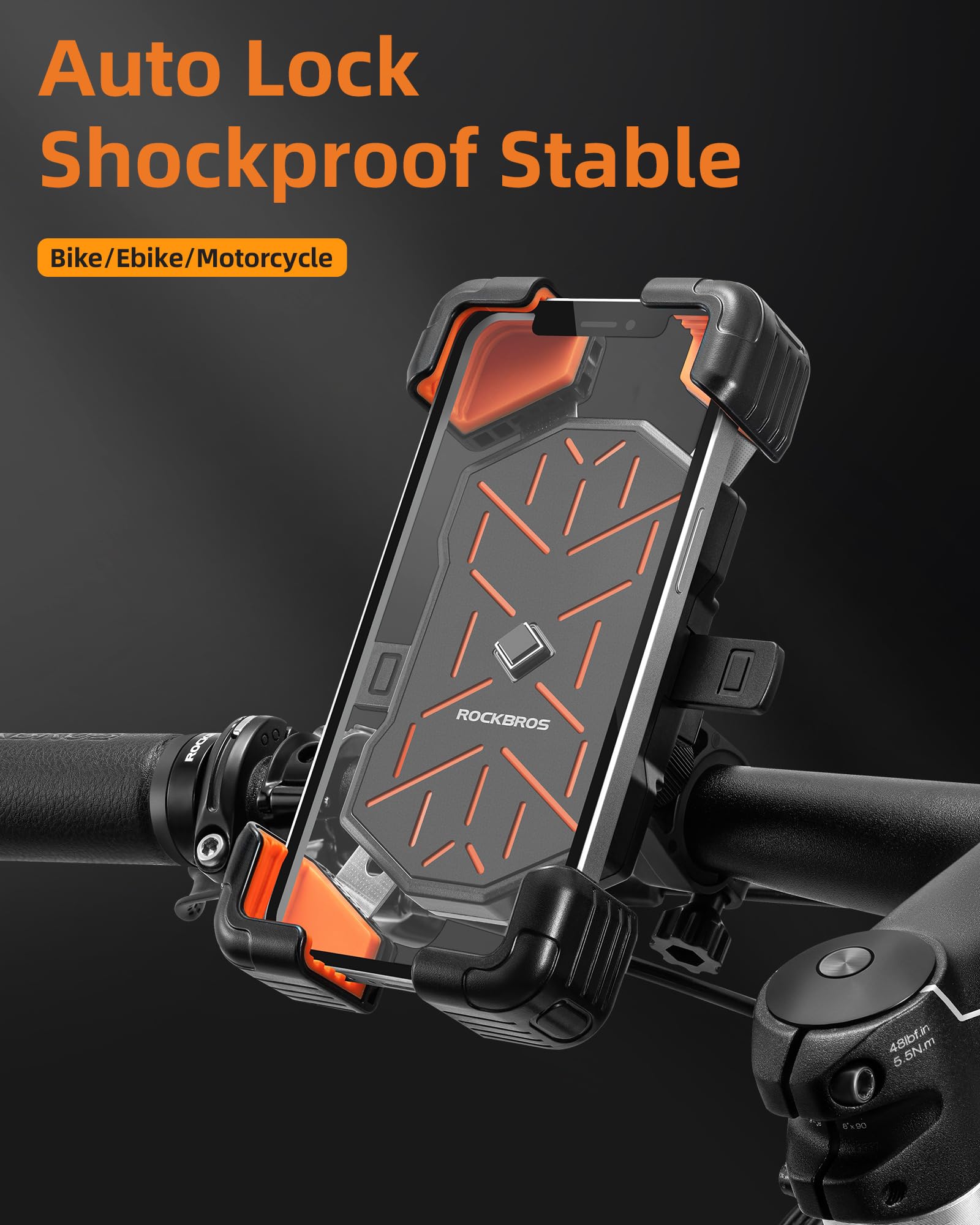 Rockbros Motorcycle Phone Holder Mount, 4.5-7.1 Inch Smartphones, Quick Release Handlebar Clamp, 360 Rotatable, Anti-Slip Silico