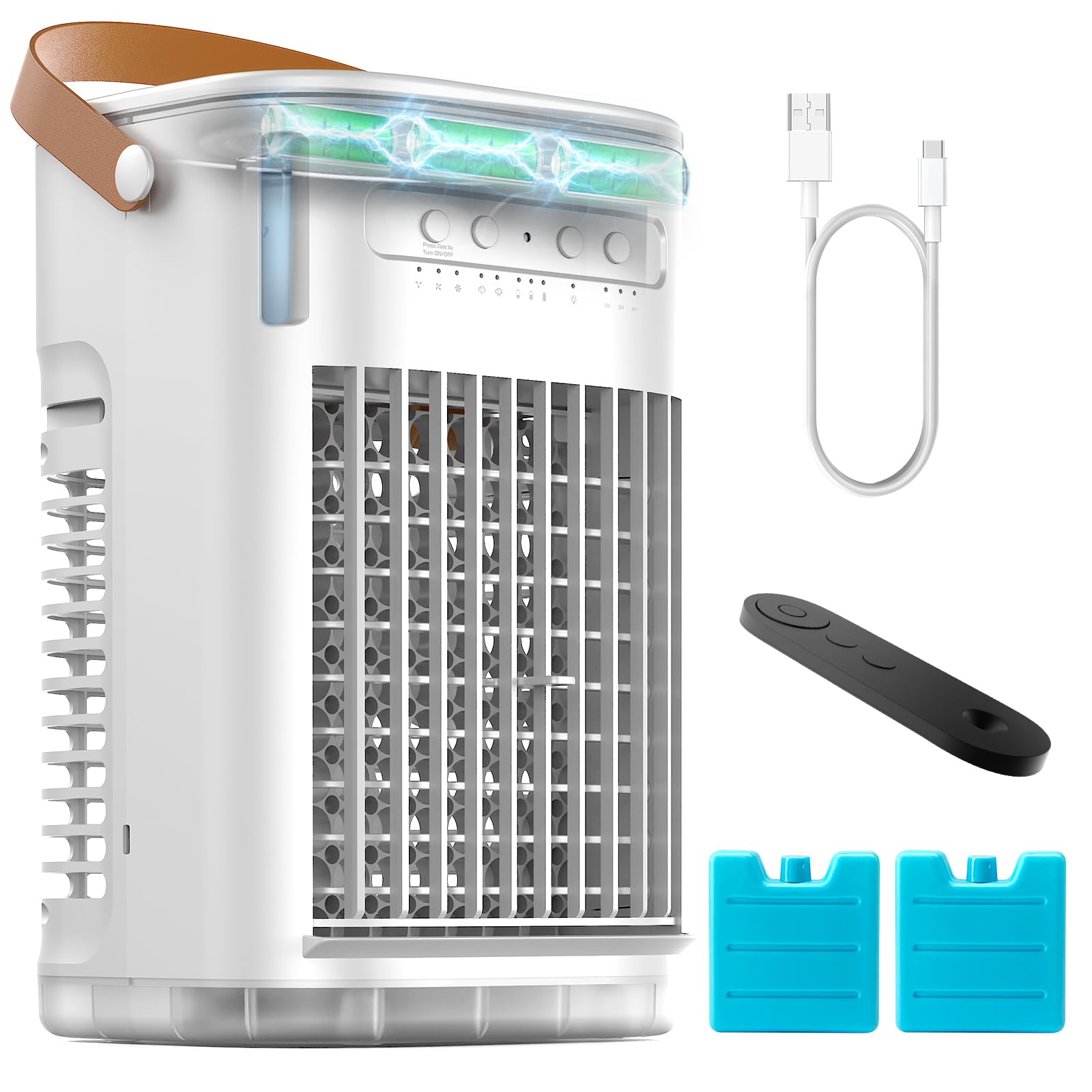 Portable Air Conditioners w/Remote, 5400mAh Built-in Battery, Mini Air Conditioner, 1.2L Water Tank & Ice Box, Auto-off Timer, E