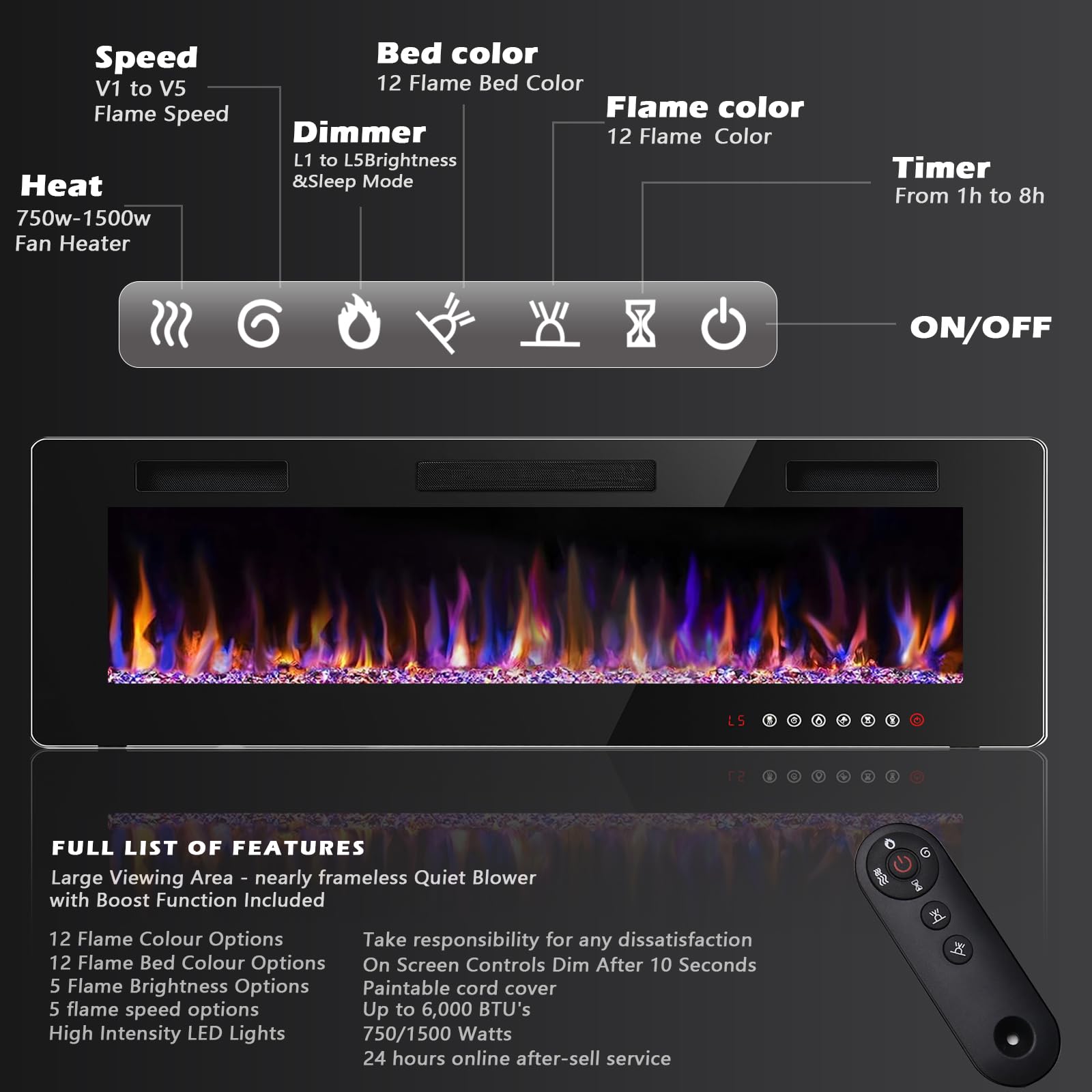 Bossin 72 Inch Ultra Thin Silence Linear Electric Fireplace, Recessed Wall Mounted Fireplace, Fit For 2 X 4 And 2 X 6 Stud, 12 A