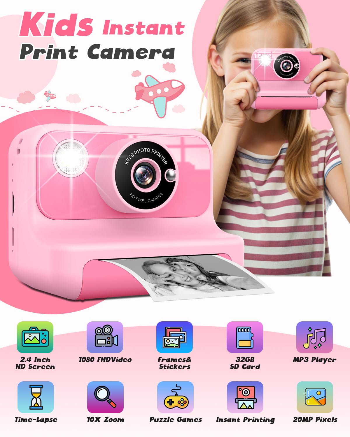 Letshaha Kids Camera Instant Print, 2.4 Inch Screen Instant Cameras For Kids, Christmas Birthday Gifts Toys Camera For Toddler G