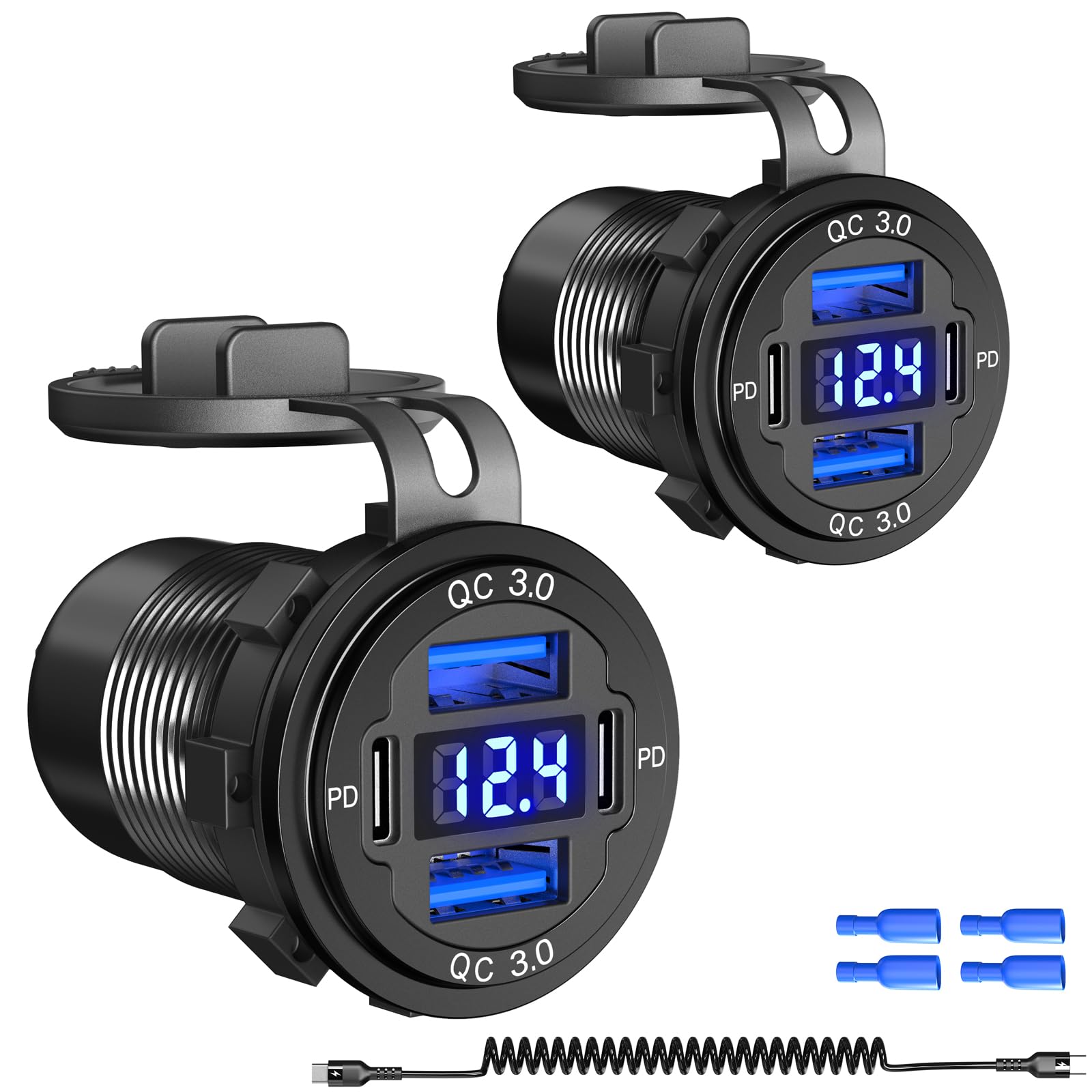 Qidoe 2 Pack 90W Usb Outlet 12V Qidoe Dual 30W Pd & Dual Quick Charge 3.0 Aluminum Usb C Car Charger Socket With Voltmeter For C