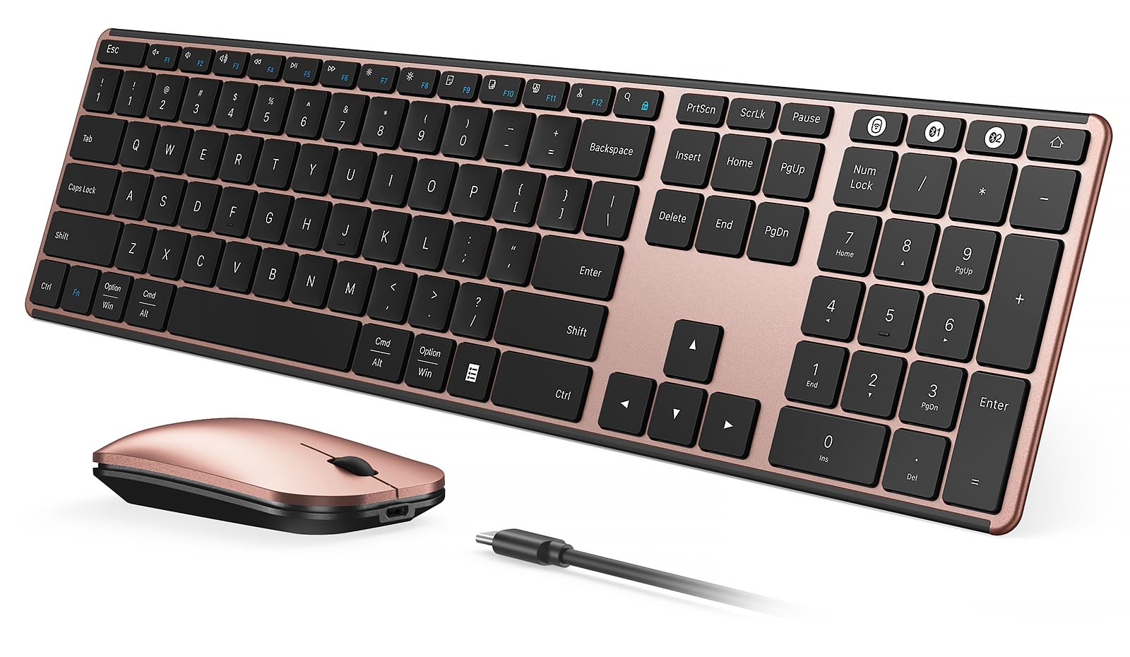 Wireless Bluetooth Keyboard And Mouse Combo (Usb + Dual Bt), Seenda Multi Device Rechargeable Slim Keyboard And Mouse, Compatible For Win 7/8/10, Macbook Pro/Air, Ipad, Tablet   Black Rose Gold