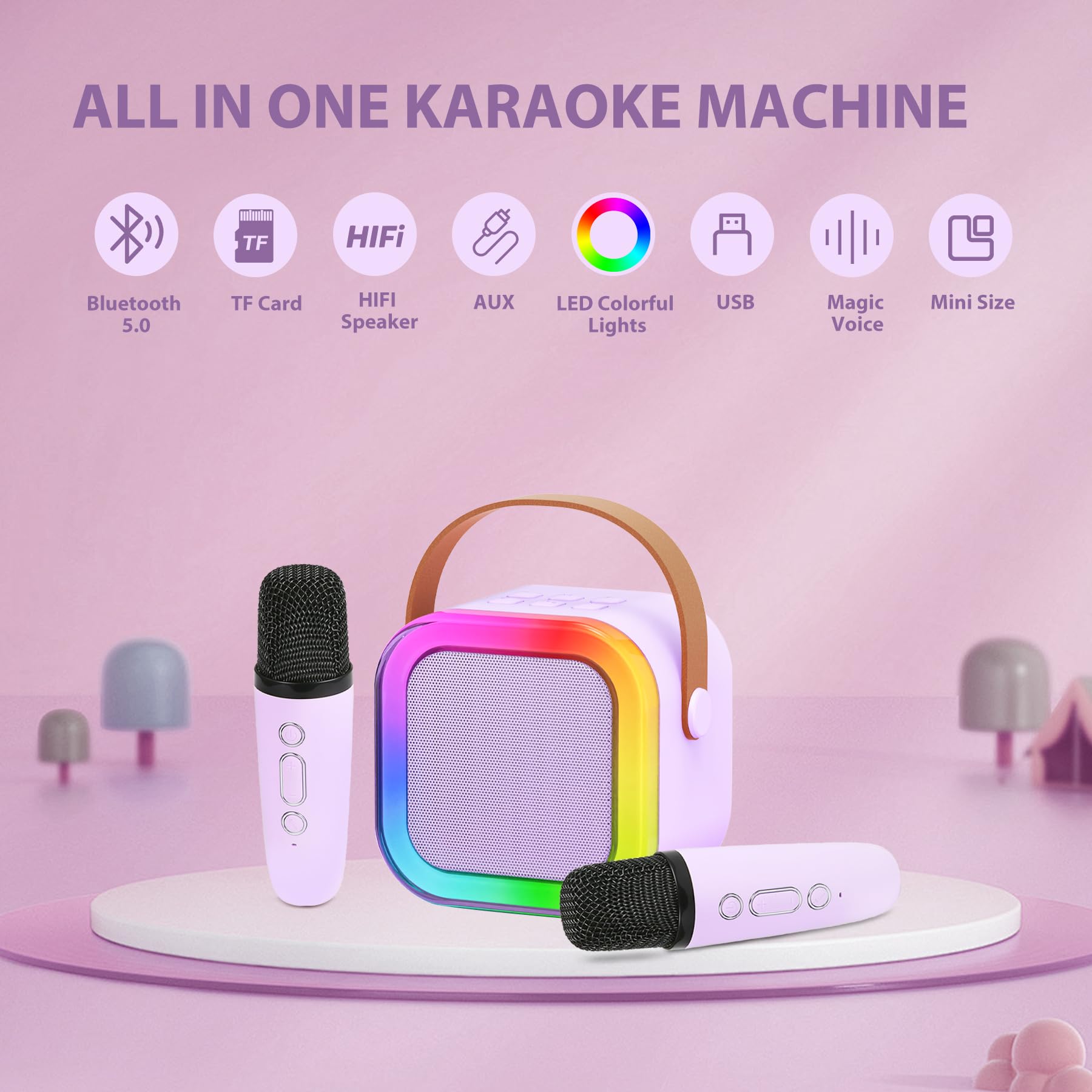 Fede Karaoke Machine For Kids Adults, Mini Karaoke Machine With 2 Wireless Microphones, Portable Bluetooth Speaker With Voice Ch