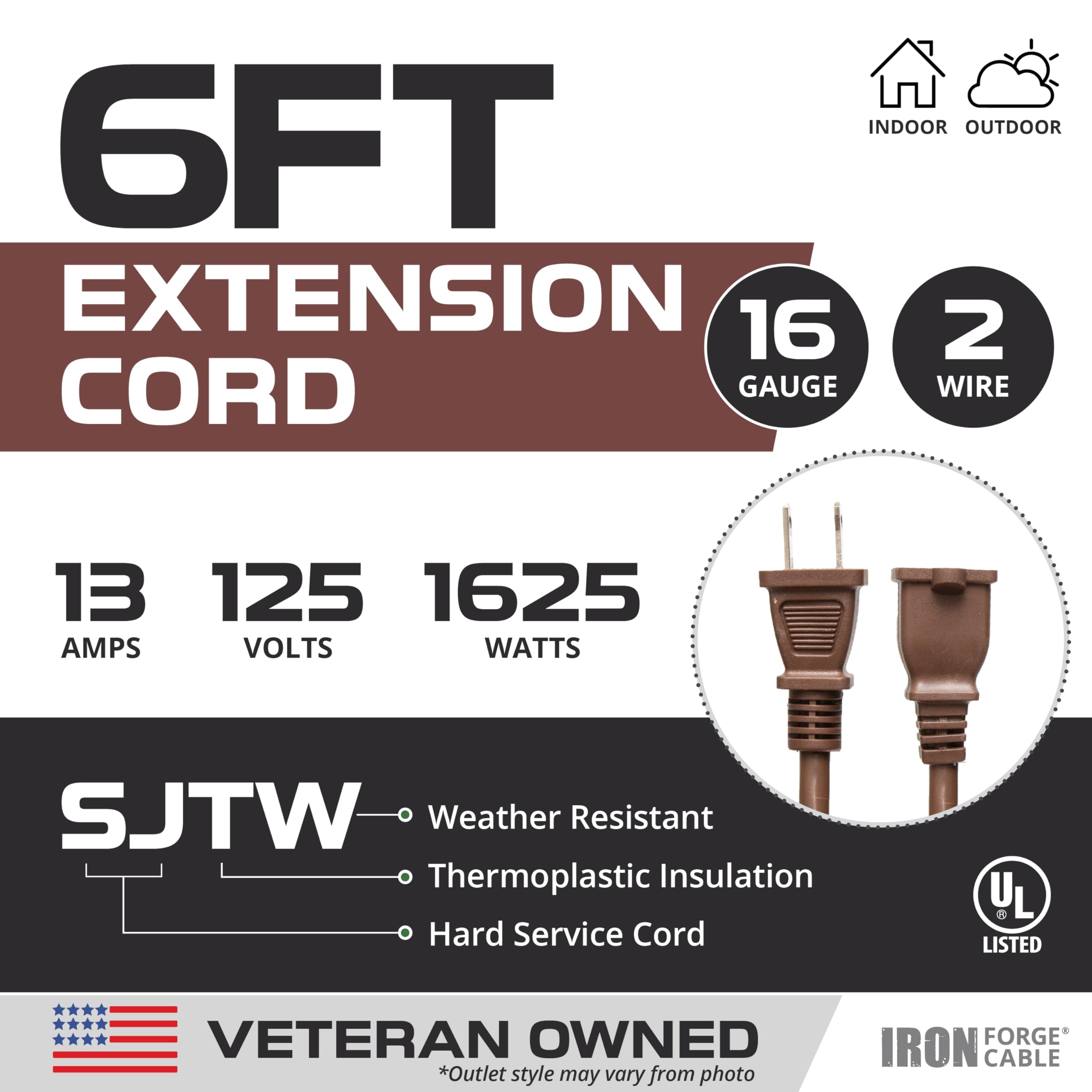 Iron Forge Cable 2 Prong Outdoor Extension Cord 6 Ft   16 Gauge 13 Amp Heavy Duty Power Extension Cords   Sjtw   Great For Lands