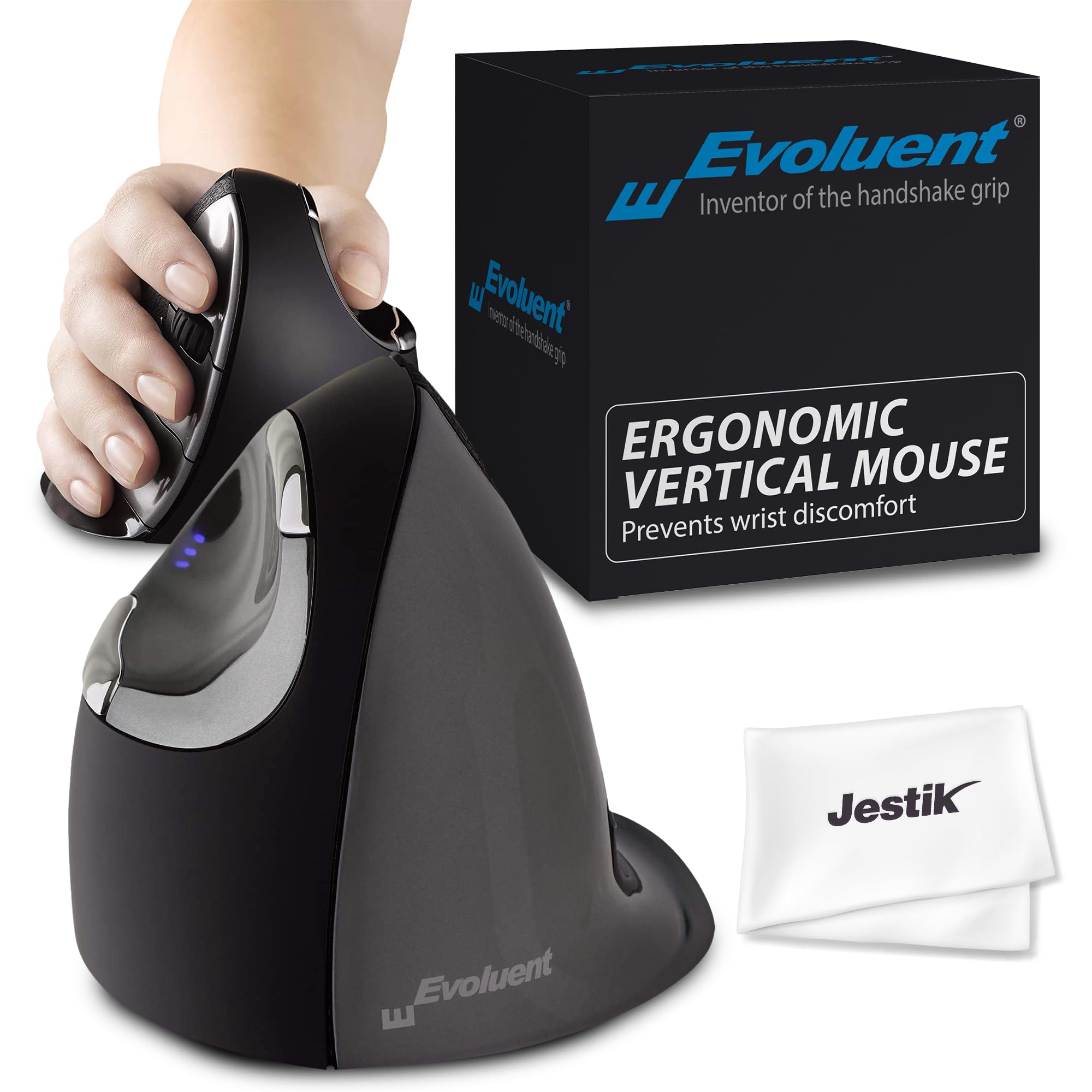 Evoluent Vertical Mouse D Large (Vmdl)   Ergonomic Wired Mouse For Laptop And Pc With Jestik Microfiber Cloth