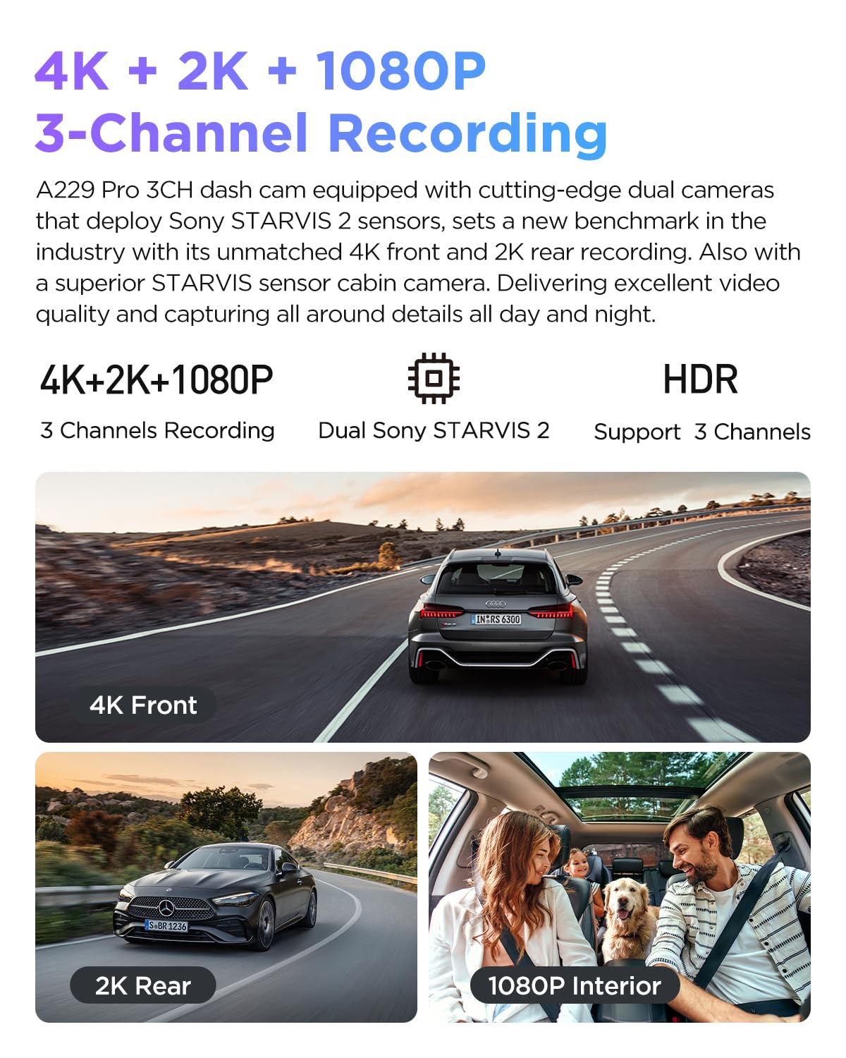 Viofo A229 Pro 3 Channel 4K Hdr Dash Cam, Dual Starvis 2 Sensors Imx678 & Imx675, 4K+2K+1080P Front Inside And Rear Triple Car C