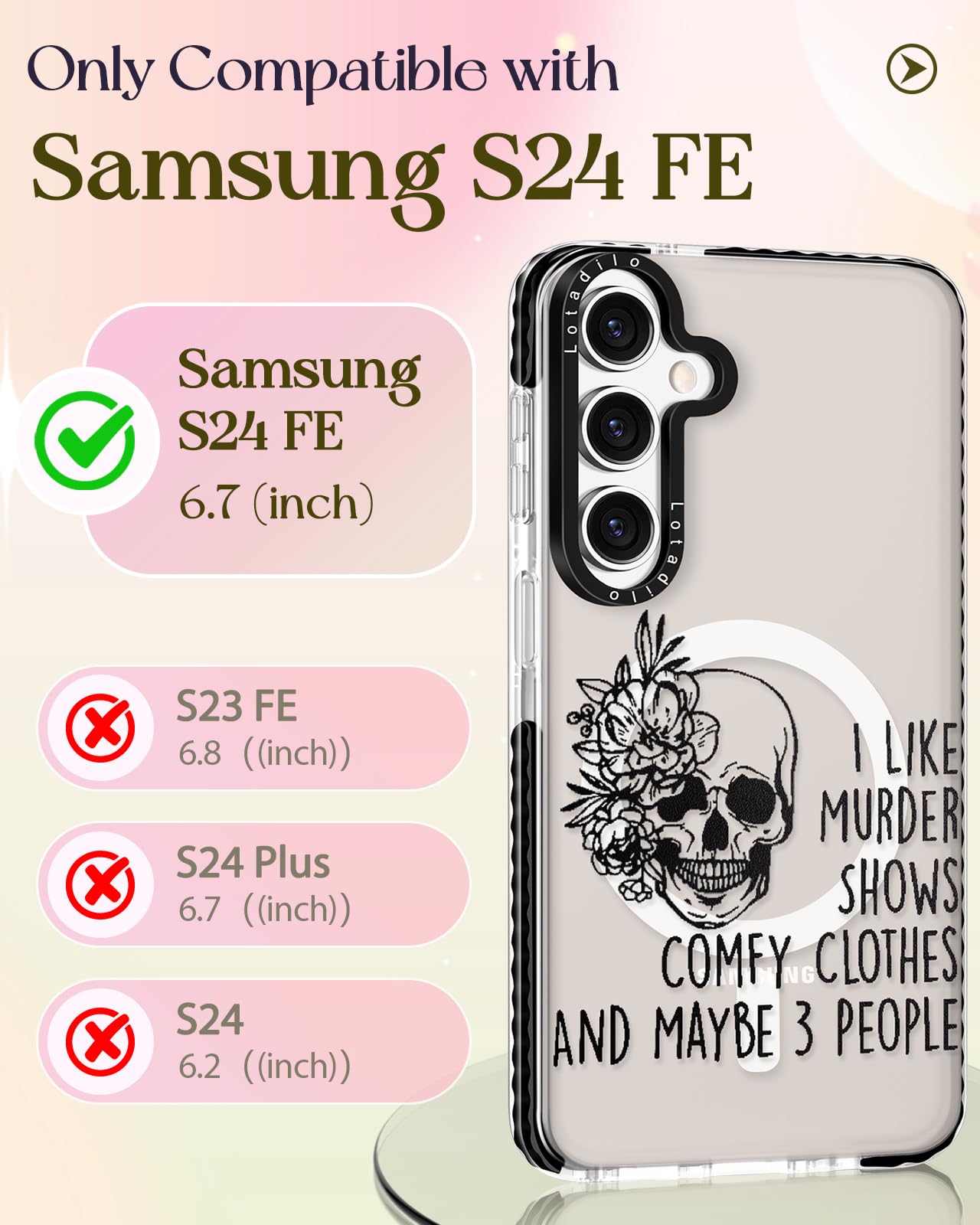 Lotadilo Cute Case For Samsung Galaxy S24 Fe For Women Girls - Funny Skull Design Compatible With Magsafe Magnetic Ring Holder K